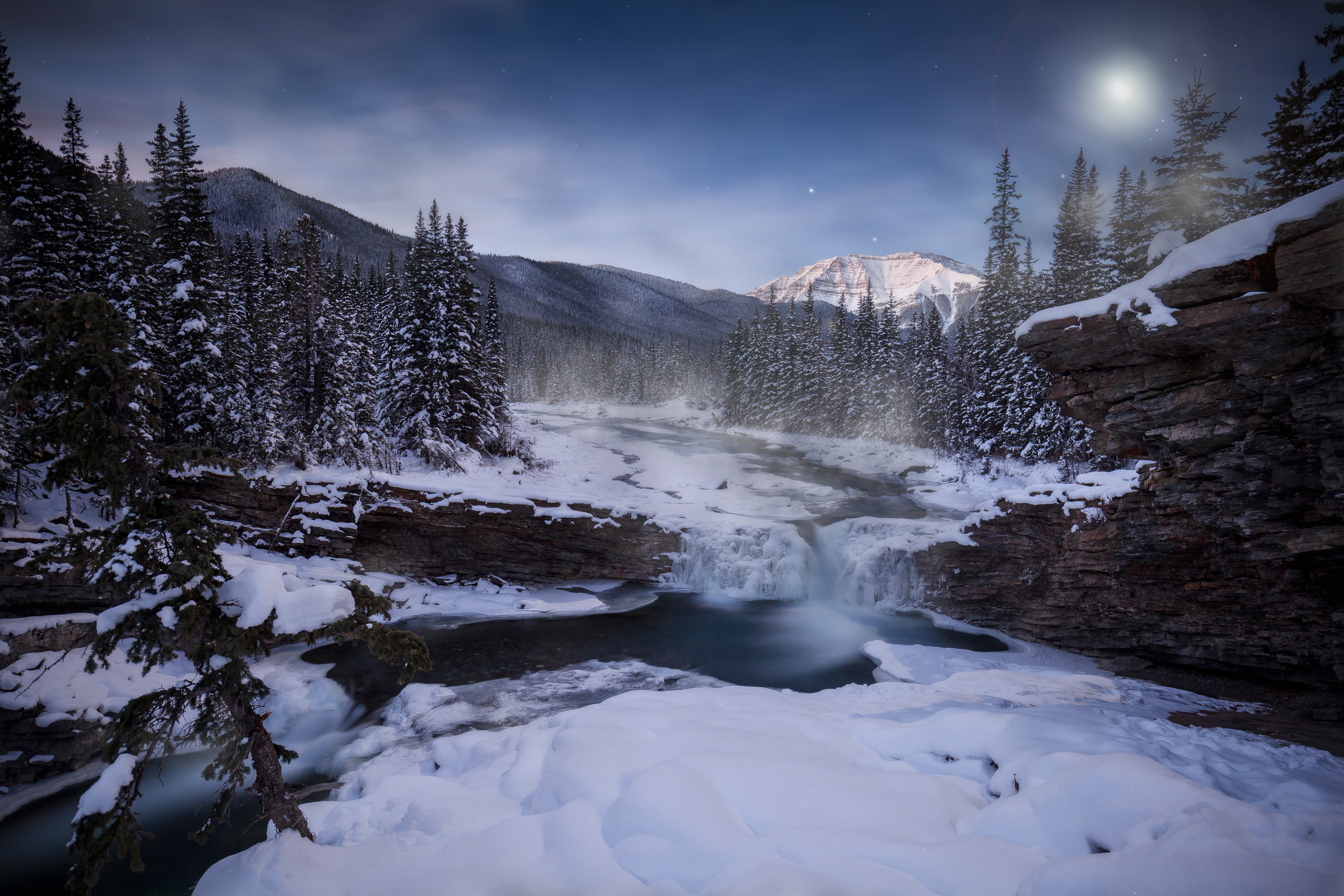Free download wallpaper Landscape, Winter, Nature, Night, Snow, Mountain, Forest, Earth, River on your PC desktop