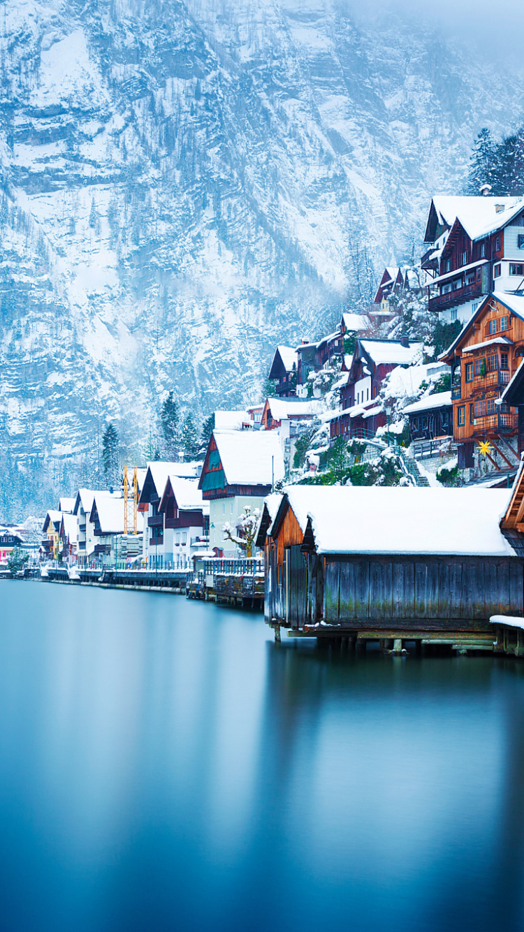 Download mobile wallpaper Winter, Snow, Mountain, Lake, Austria, Village, Hallstatt, Man Made, Towns for free.