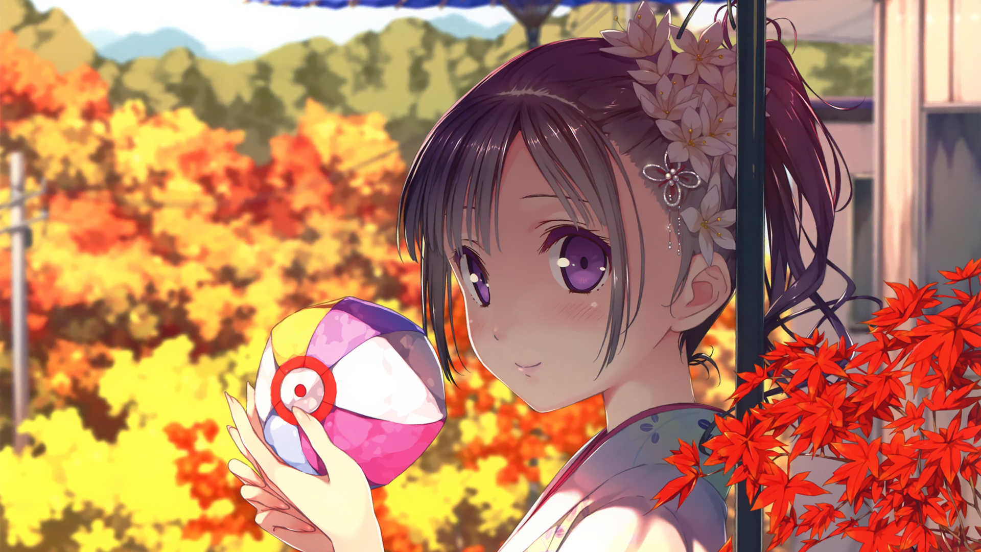 anime, original, ball, cute, japanese clothes, maple leaf, purple eyes