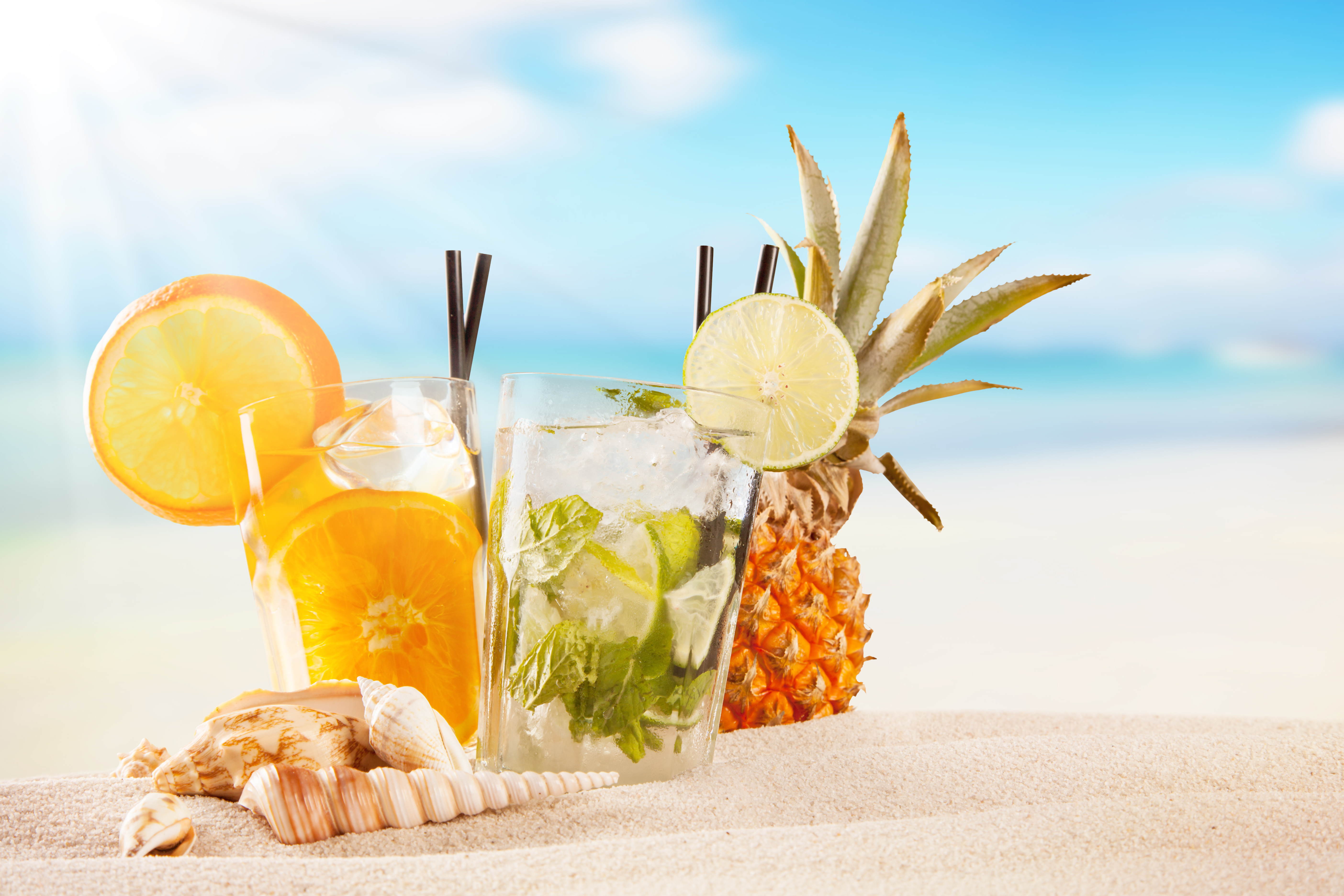 Download mobile wallpaper Food, Sand, Summer, Glass, Fruit, Drink, Shell, Cocktail for free.