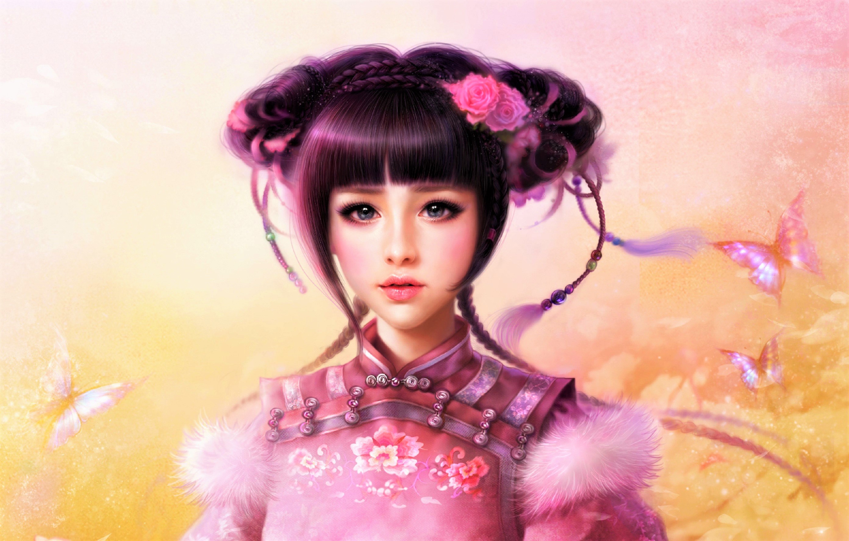 Download mobile wallpaper Fantasy, Flower, Butterfly, Women, Asian for free.