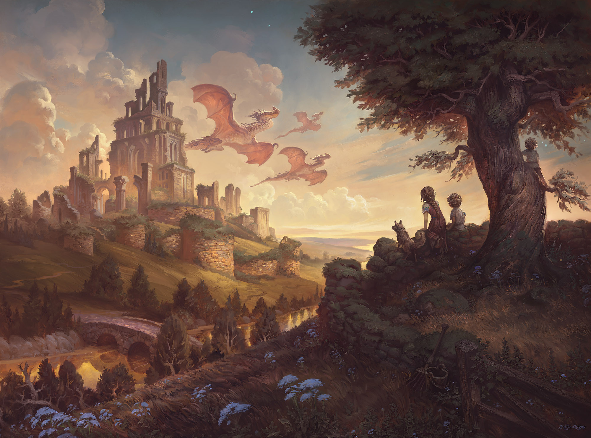 Download mobile wallpaper Fantasy, Tree, Dragon, Child, Ruin for free.