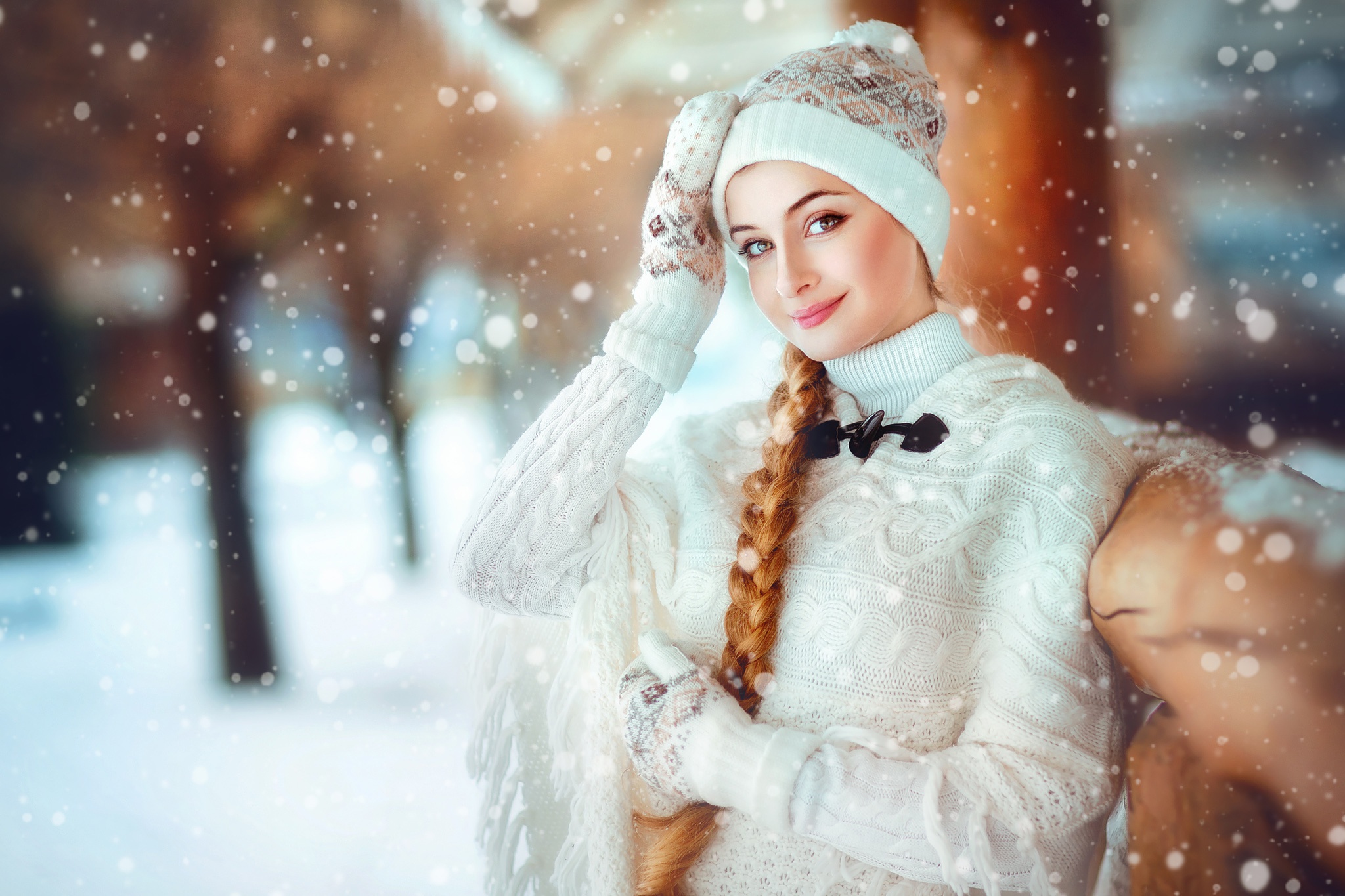 無料モバイル壁紙冬, 赤毛, 帽子, モデル, 女性, 長い髪, 三つ編み, 被写界深度をダウンロードします。
