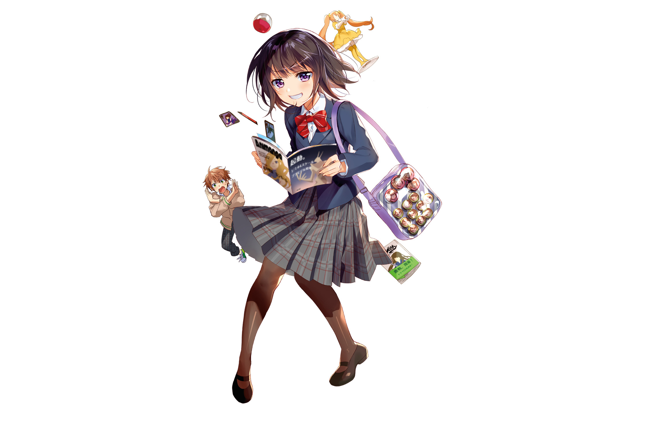 Download mobile wallpaper Anime, Book, Bag, Schoolgirl, Original, School Uniform, Short Hair, Purple Eyes, Thigh Highs for free.