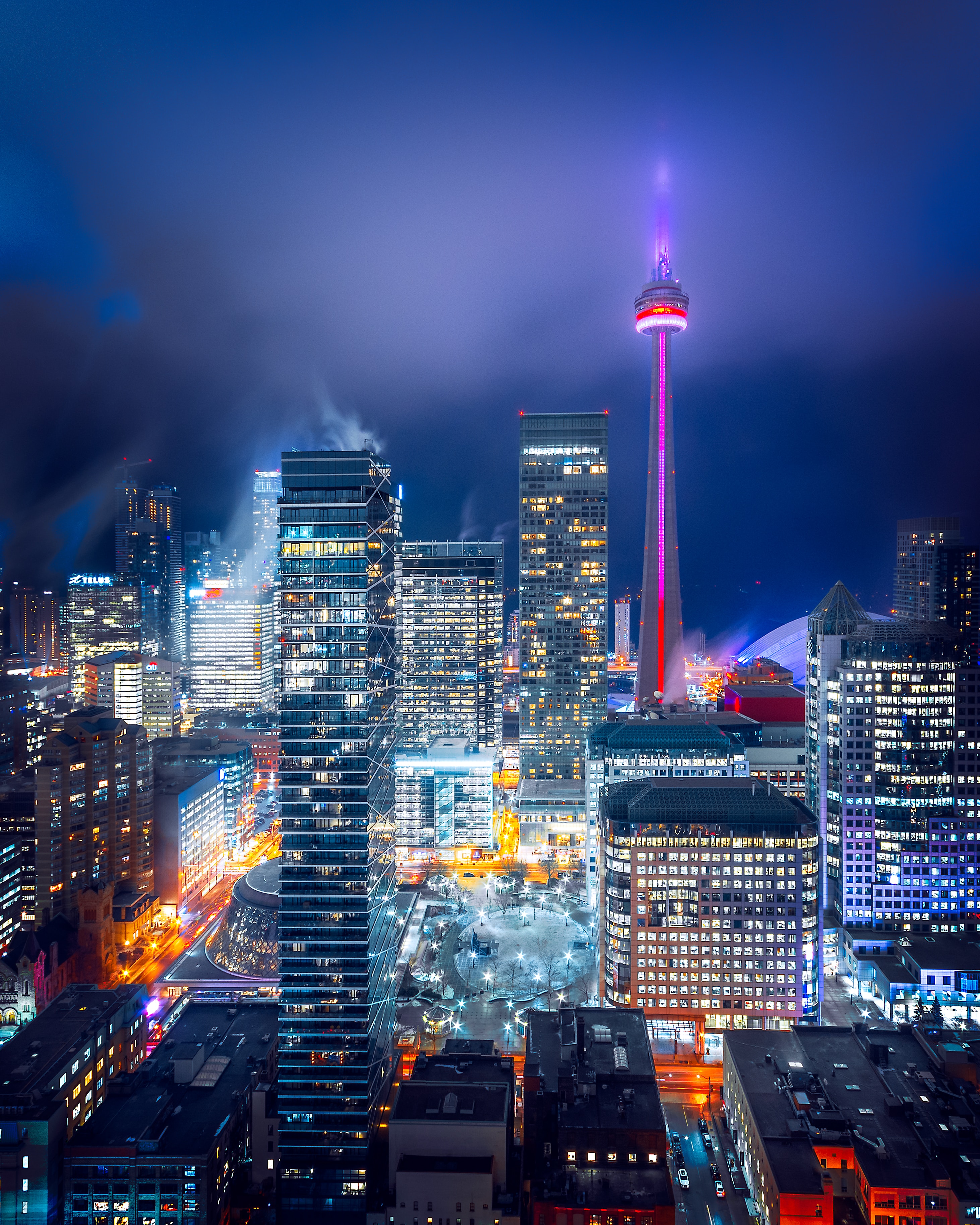 building, toronto, night city, cities, lights, view from above, bright