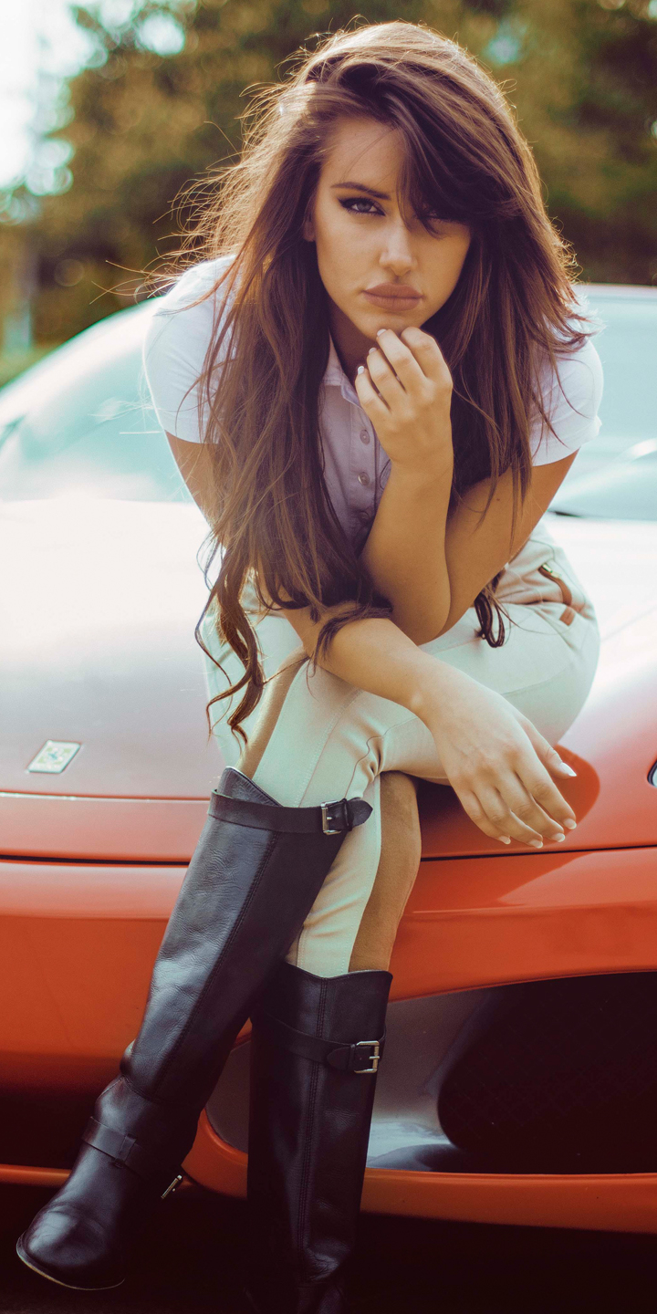 Download mobile wallpaper Ferrari, Boots, Model, Women, Brown Hair, Girls & Cars for free.