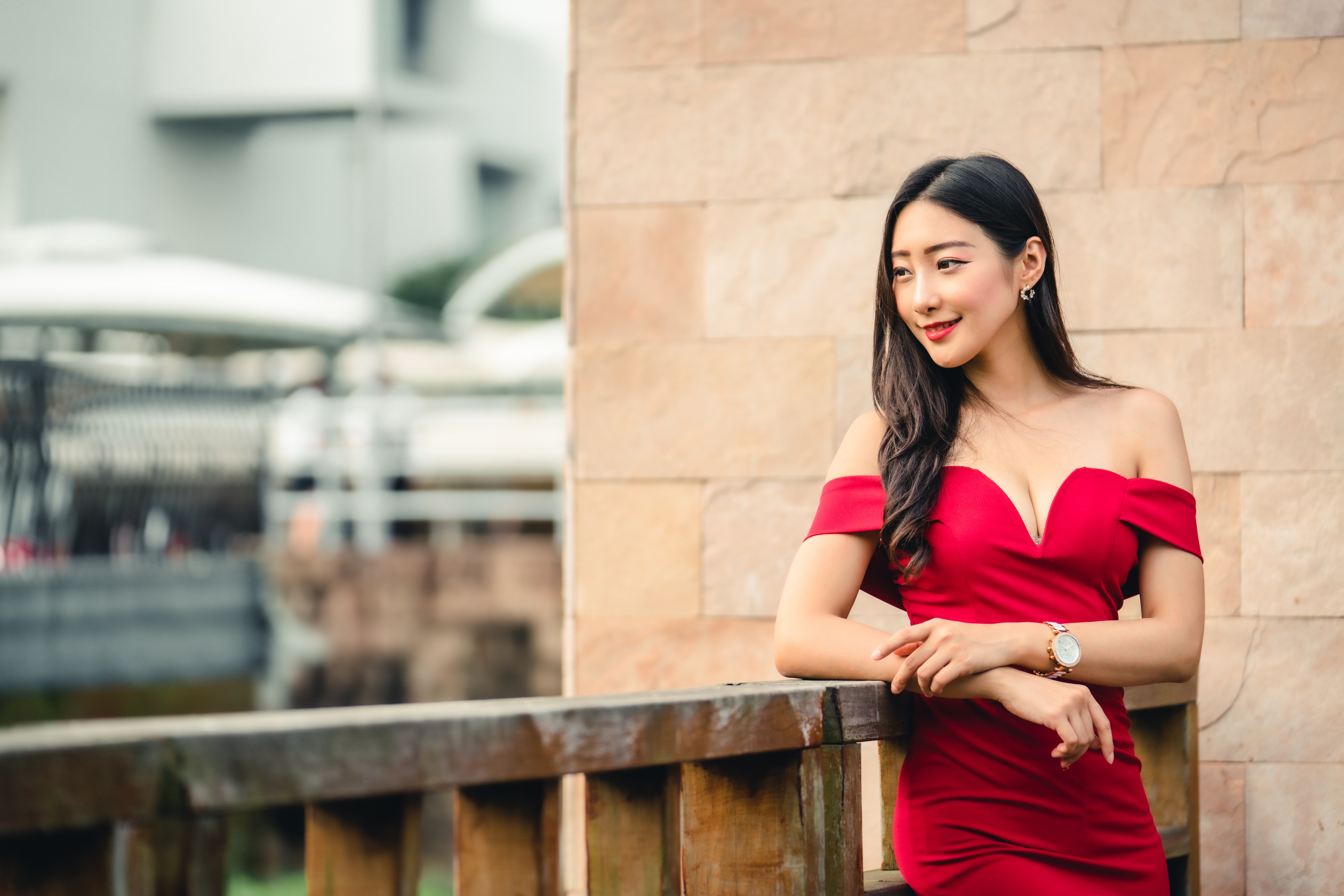 Free download wallpaper Smile, Model, Women, Asian, Black Hair, Lipstick, Red Dress, Depth Of Field on your PC desktop