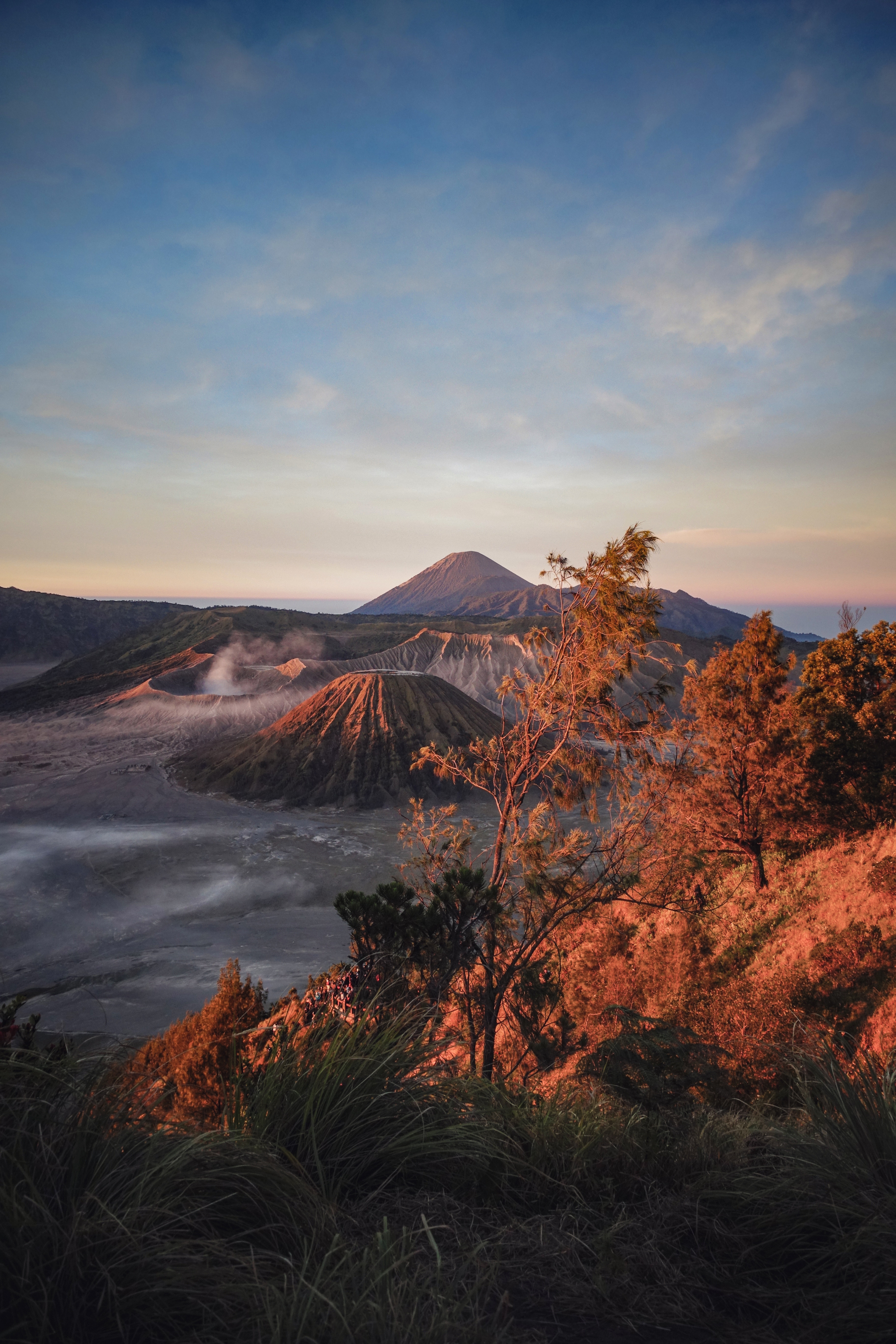 sunrise, nature, grass, sky, mountains, dawn, rise, volcano HD wallpaper