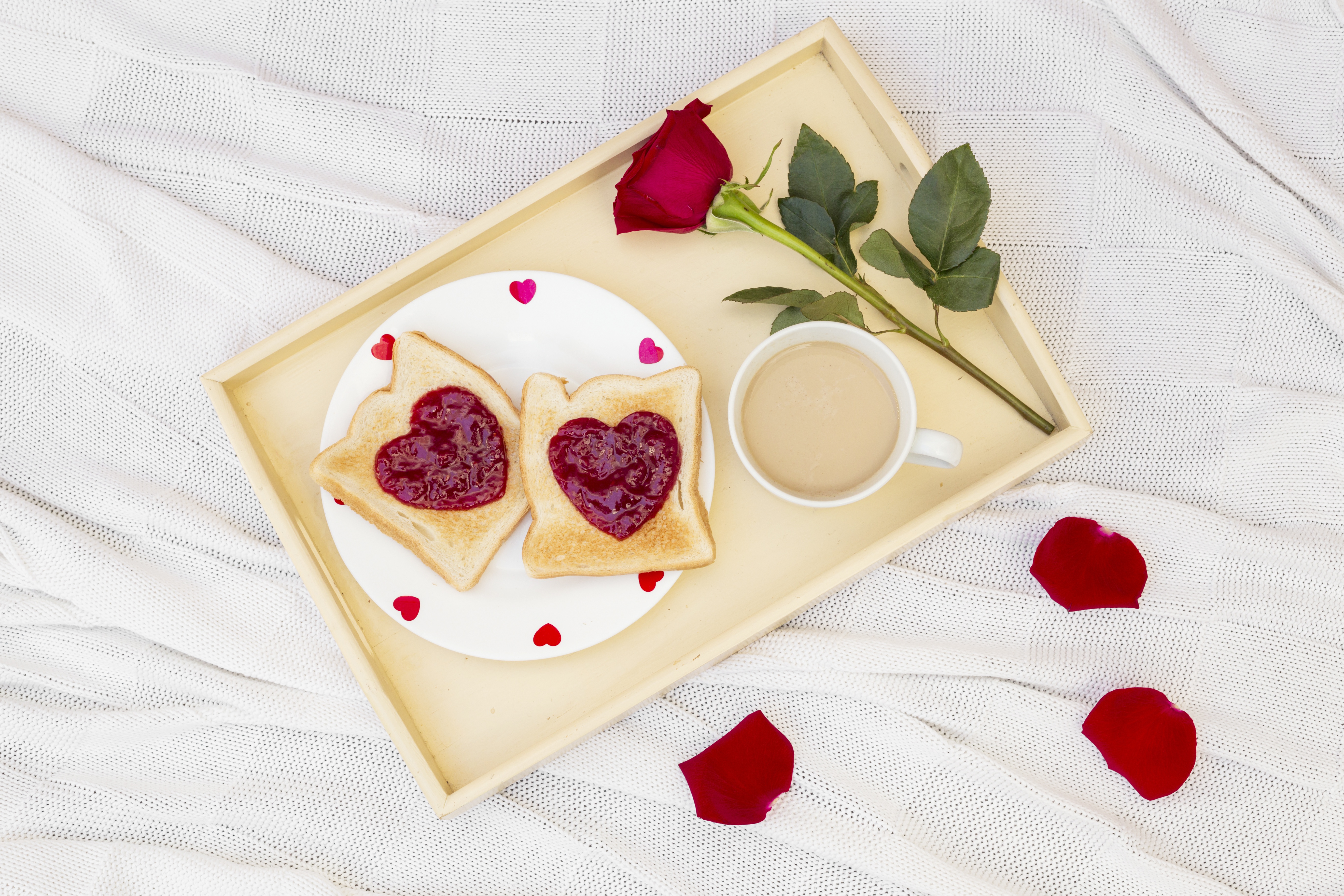 Download mobile wallpaper Food, Love, Still Life, Rose, Breakfast, Romantic, Heart Shaped for free.