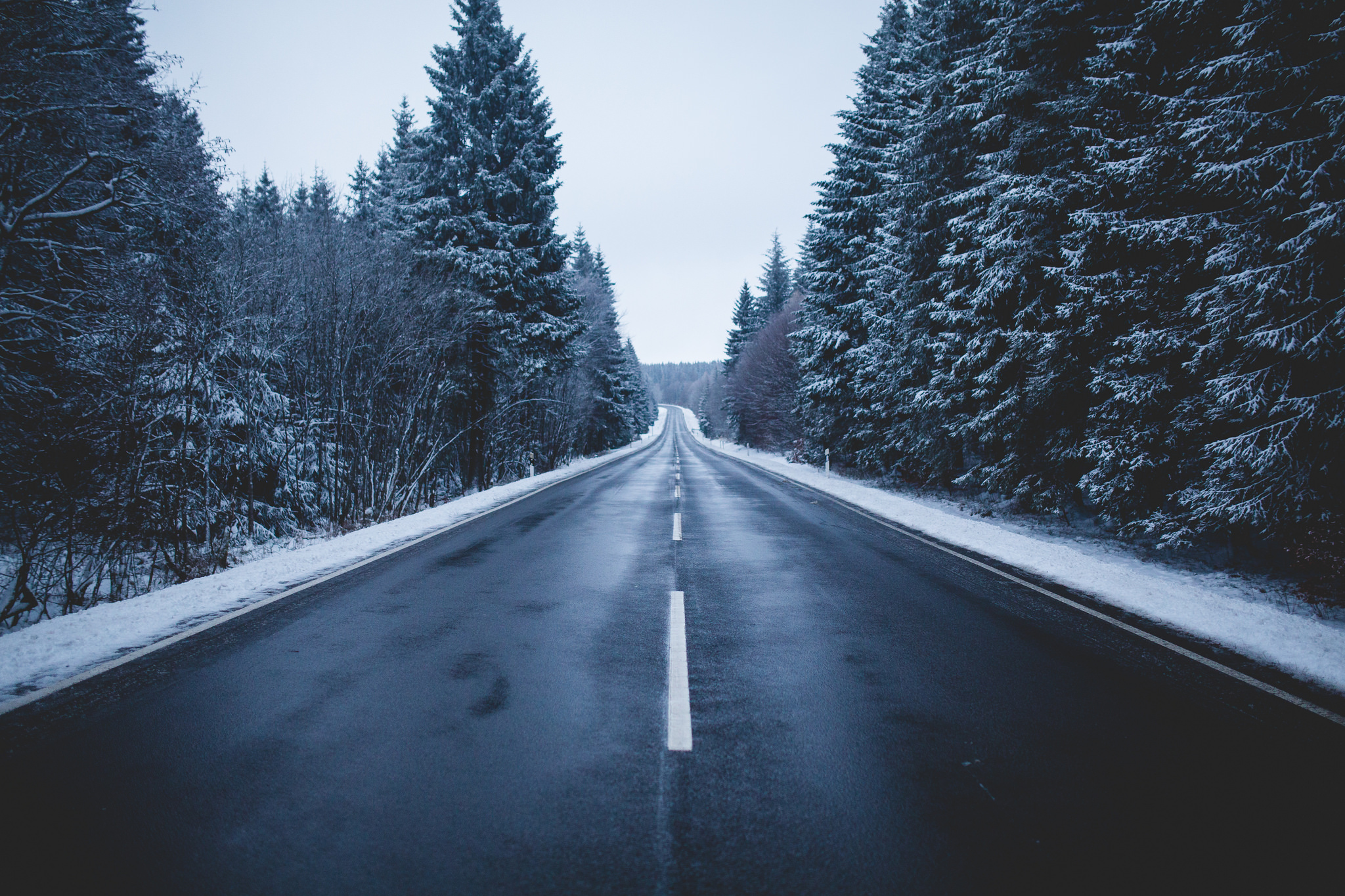 Download mobile wallpaper Winter, Sky, Snow, Road, Forest, Tree, Man Made for free.
