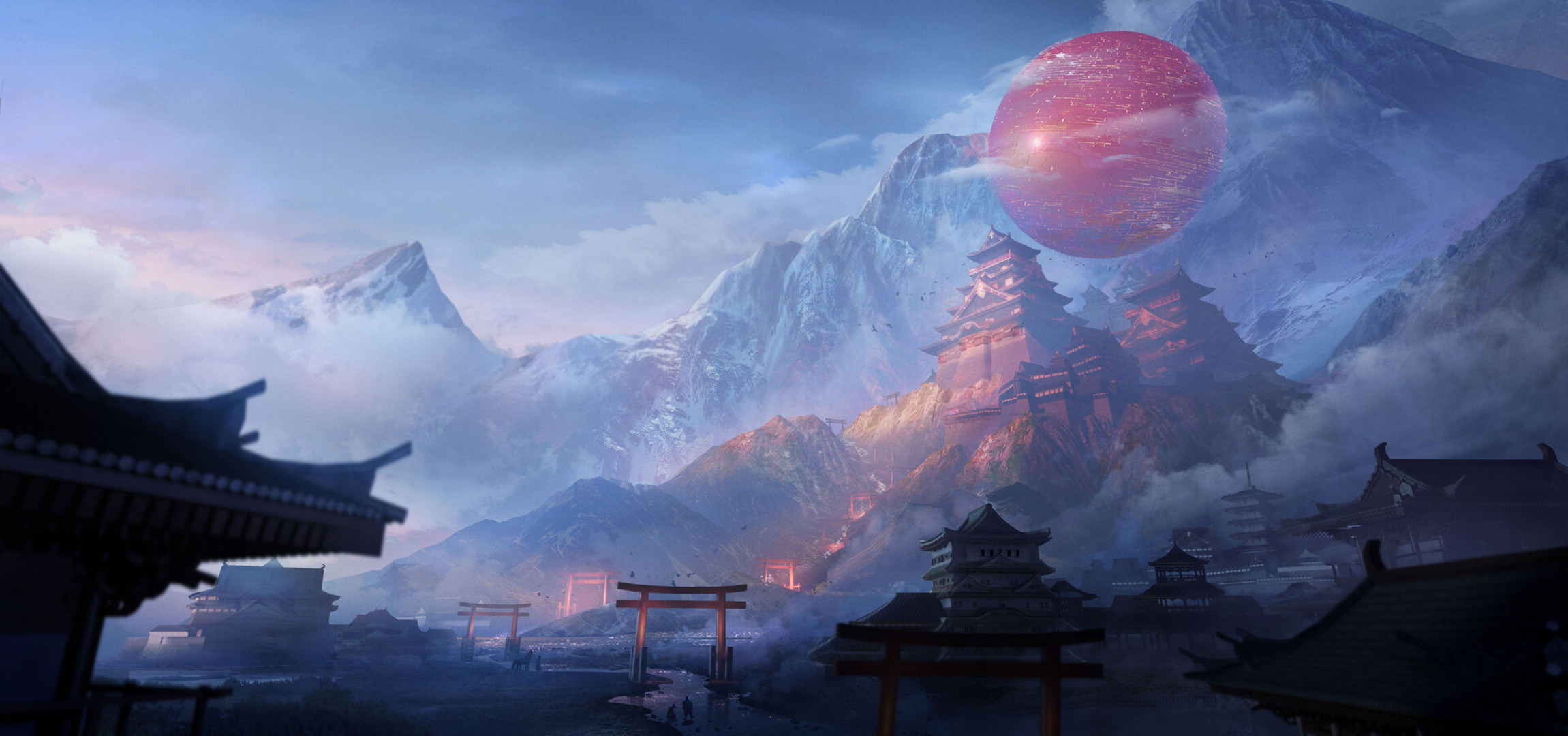 Laden Sie das Landschaft, Fantasie, Gebirge, Japan, Orientalisch-Bild kostenlos auf Ihren PC-Desktop herunter