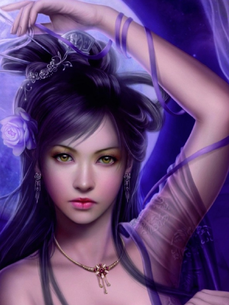 Download mobile wallpaper Fantasy, Moon, Purple, Face, Ribbon, Women, Asian for free.