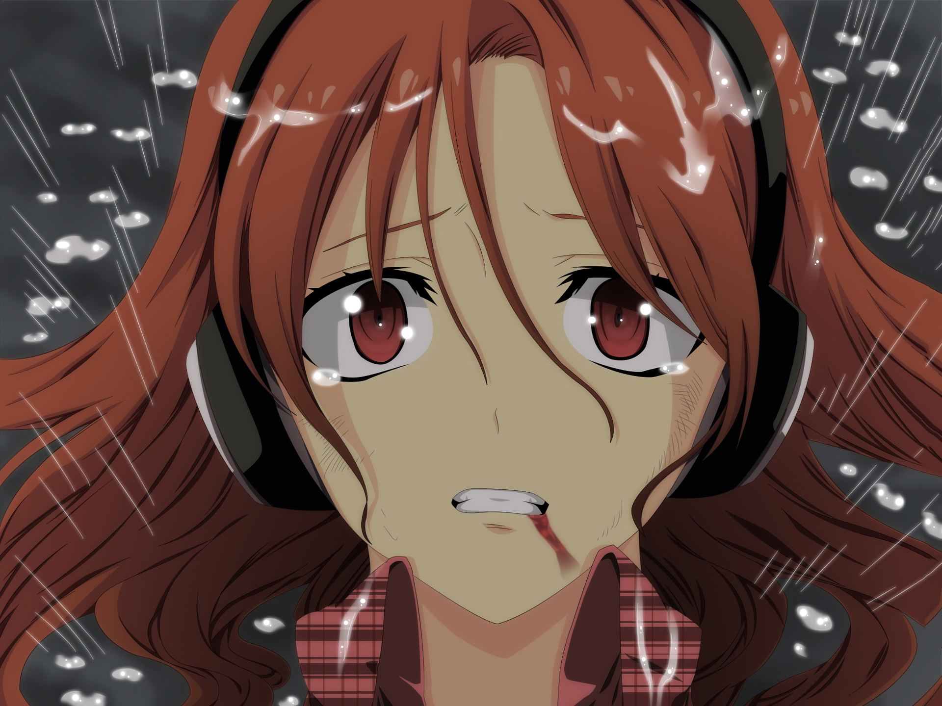 anime, akame ga kill!, chelsea (akame ga kill!), close up, headphones, rain