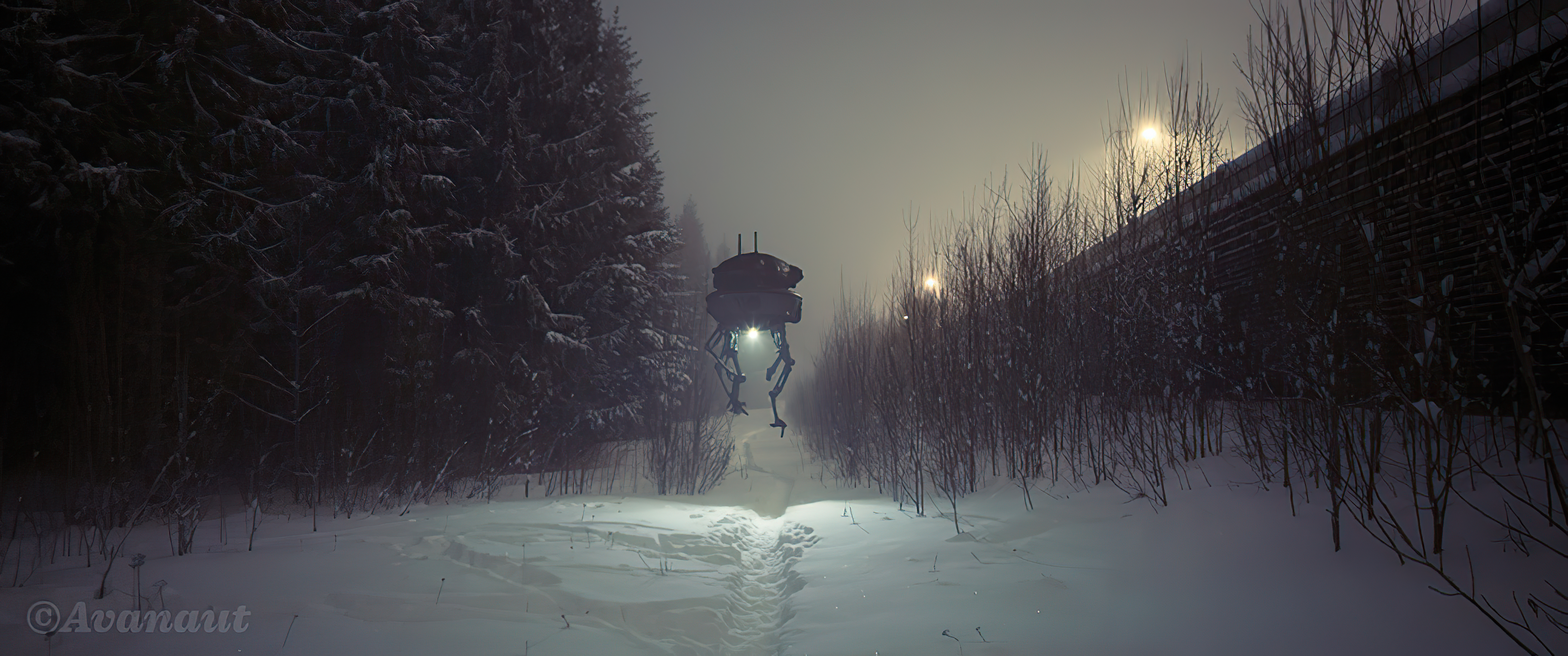 Download mobile wallpaper Winter, Night, Snow, Light, Wall, Path, Robot, Sci Fi for free.