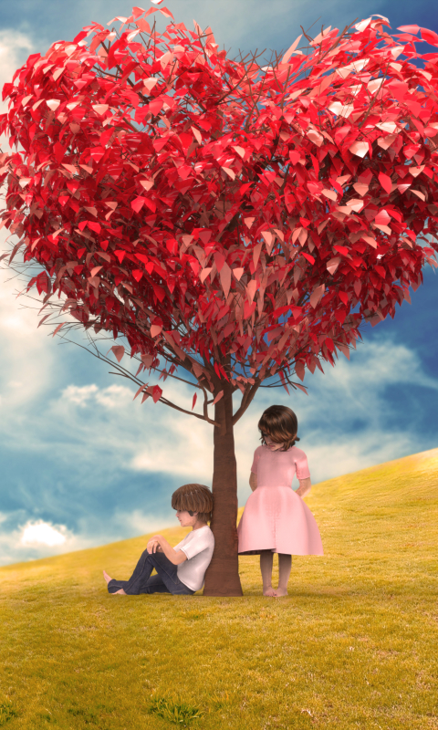 Download mobile wallpaper Tree, Artistic, Cloud, Child, Heart Shaped for free.