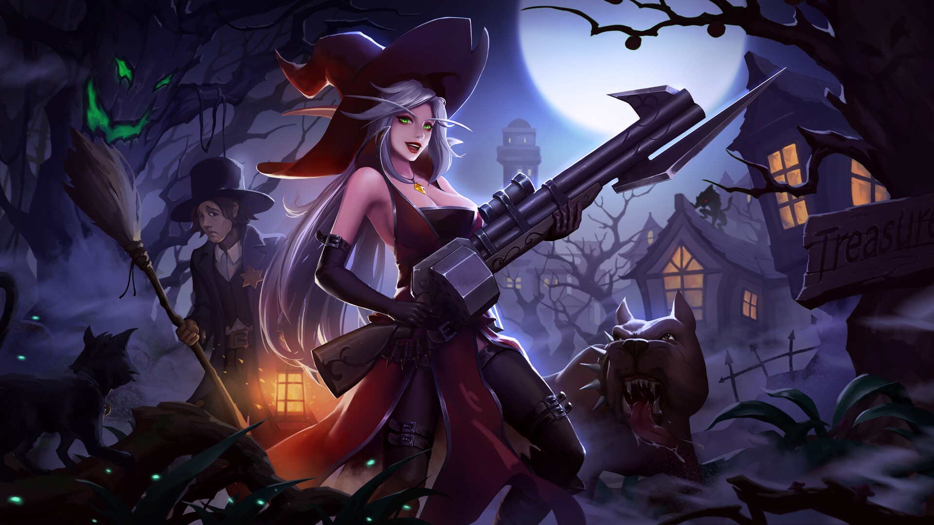 Download mobile wallpaper Fantasy, Night, Moon, Weapon, Cat, Dog, Green Eyes, Witch, Long Hair, White Hair for free.