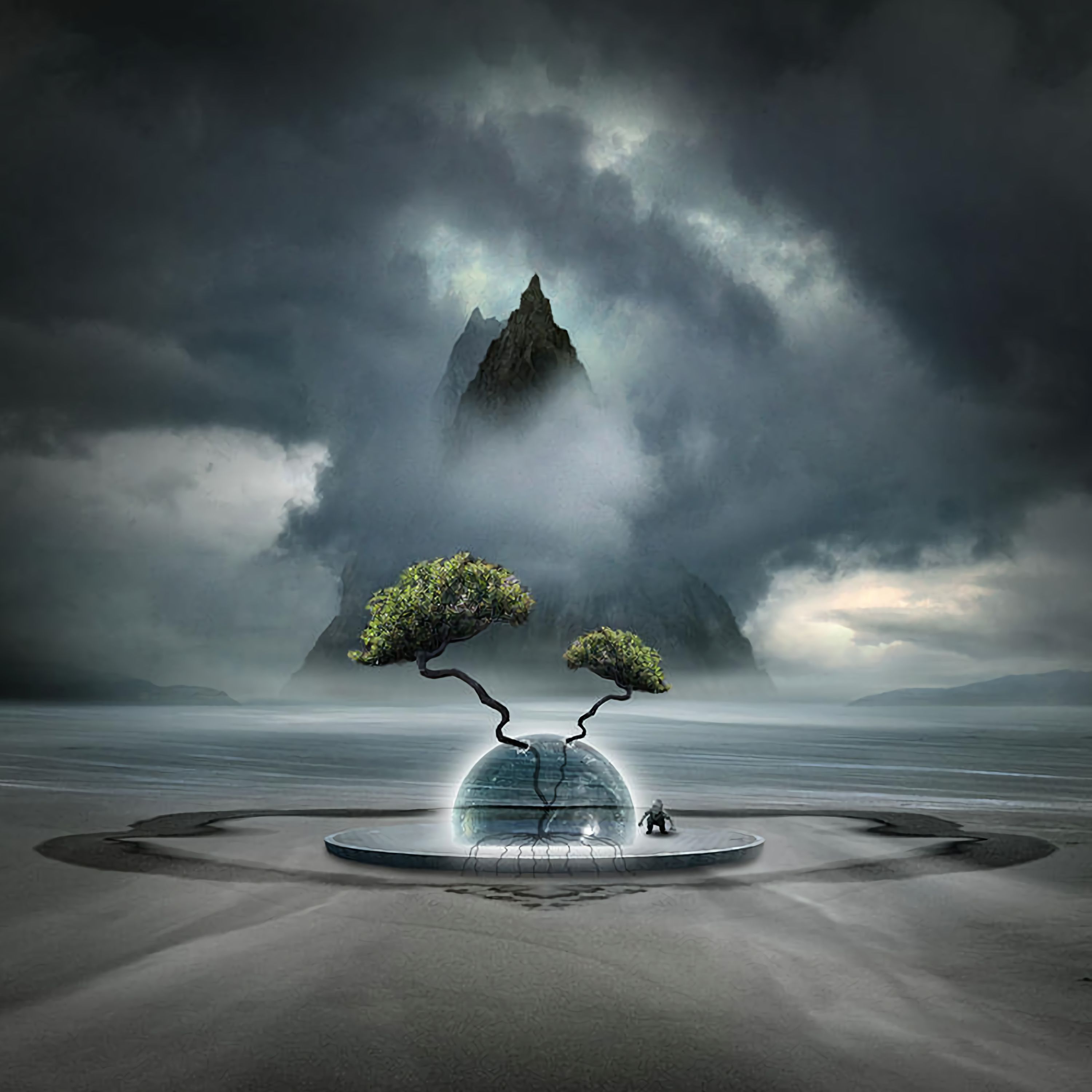 107044 скачать обои шар, арт, туман, фантастика, дерево, облака, гора - заставки и картинки бесплатно