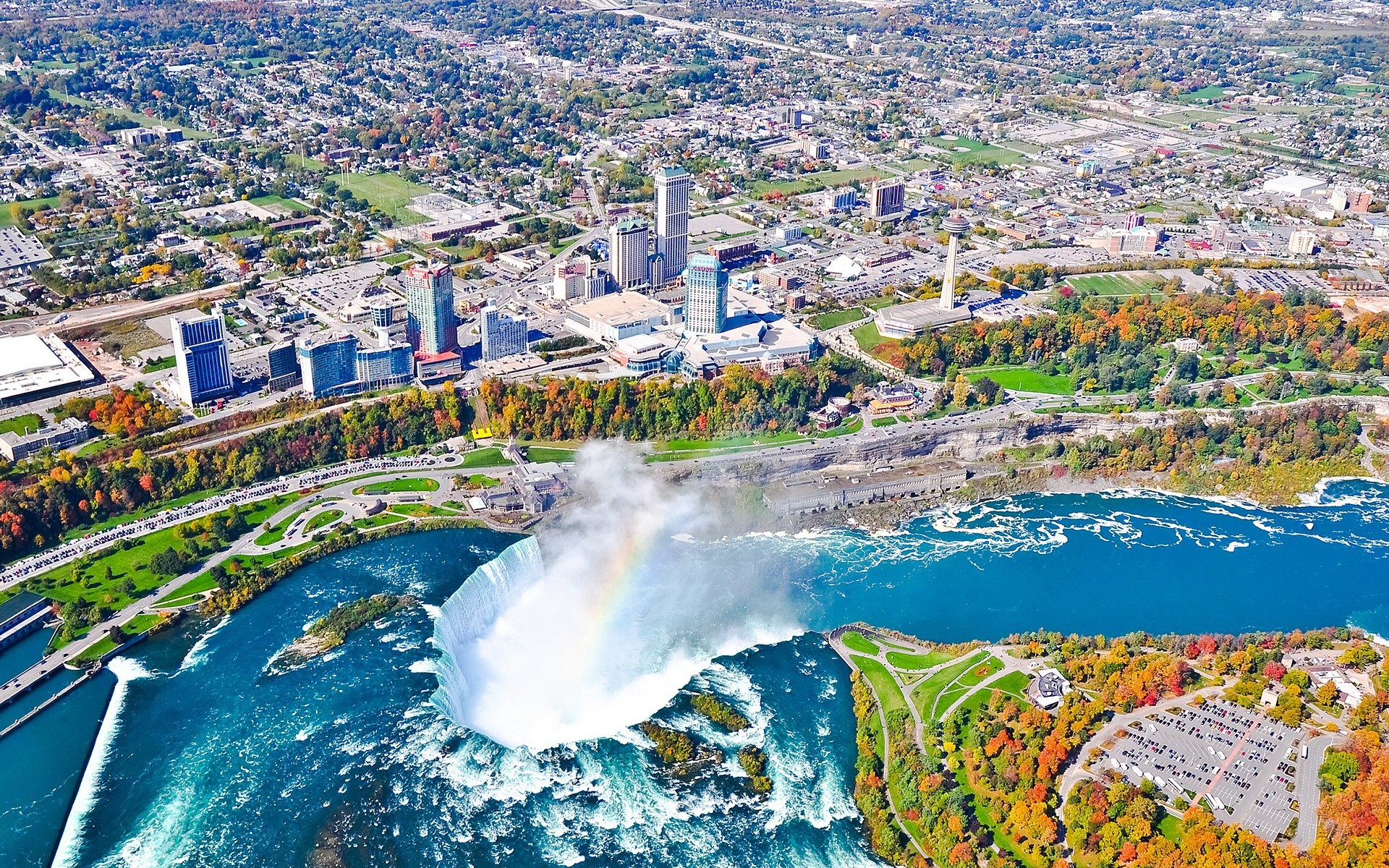 434674 скачать картинку канада, осень, земля/природа, ниагарский водопад, город, река, сша, водопад, водопады - обои и заставки бесплатно