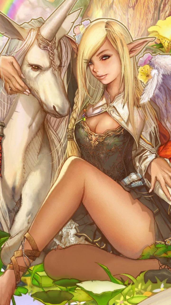 Download mobile wallpaper Fantasy, Blonde, Unicorn, Elf, Pointed Ears for free.