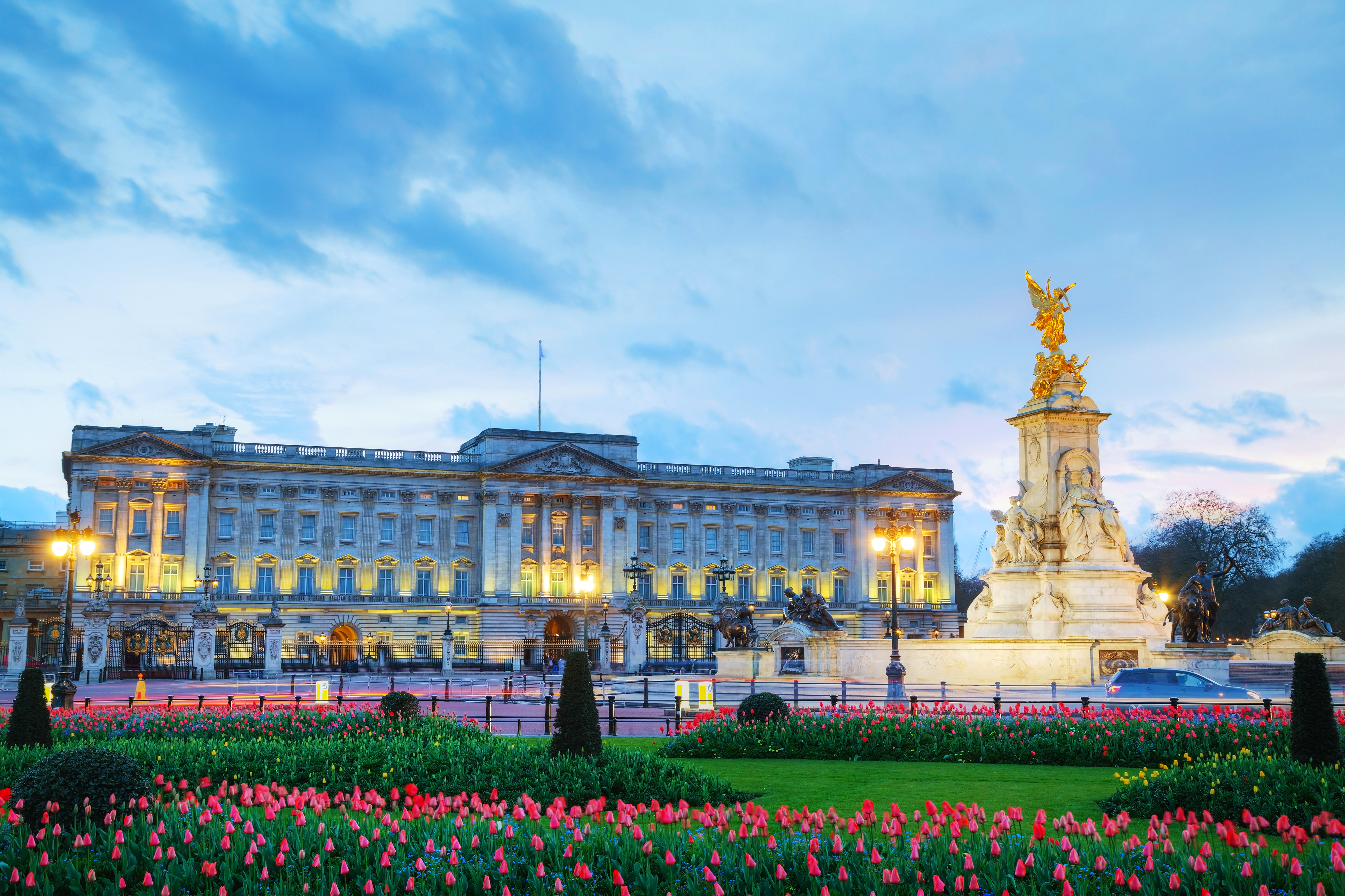 403614 скачать обои великобритания, букингемский дворец, сделано человеком, здание, цветок, лондон, статуя, тюльпан, дворцы - заставки и картинки бесплатно