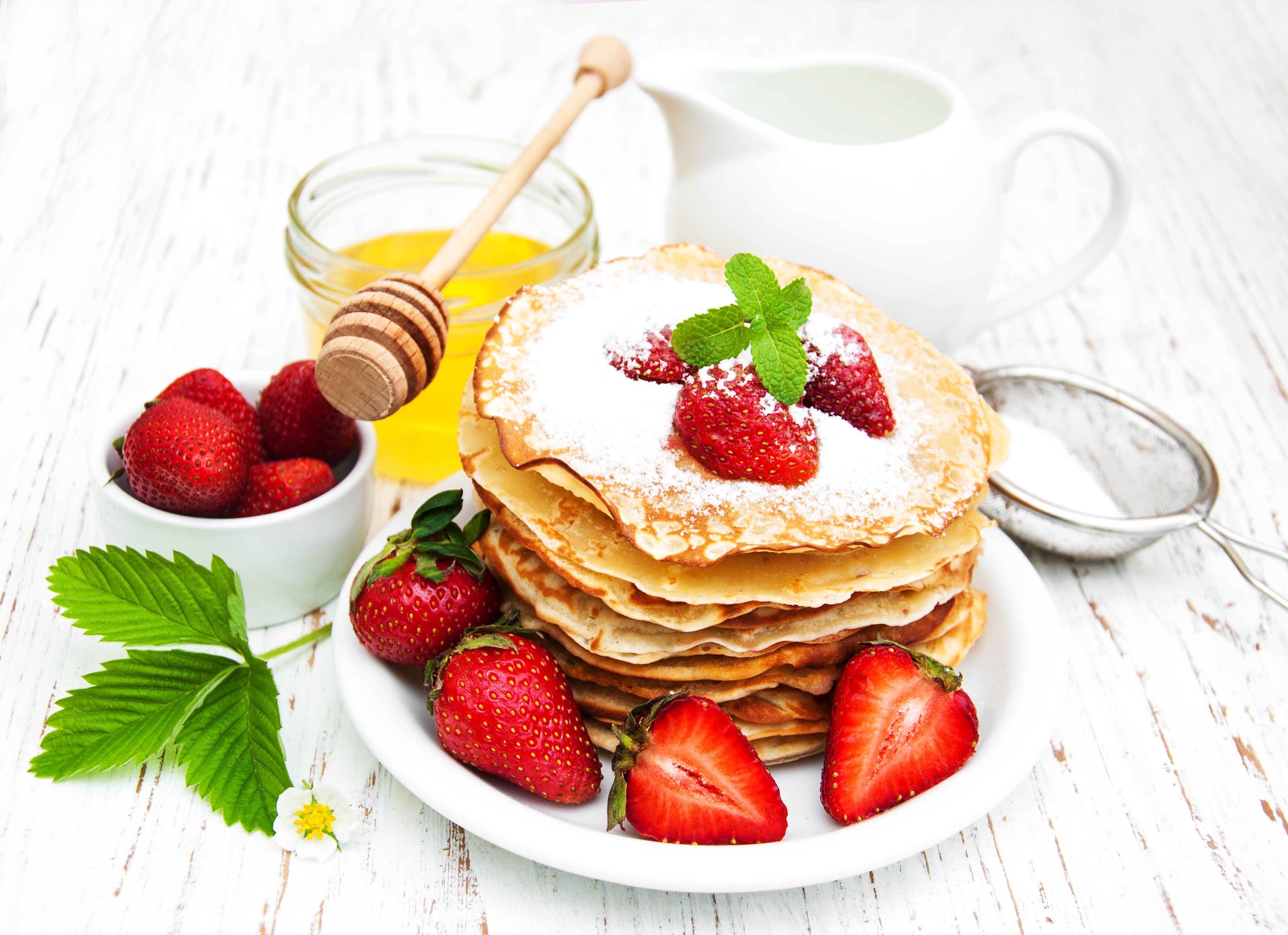 Free download wallpaper Food, Strawberry, Still Life, Berry, Fruit, Honey, Breakfast, Crêpe on your PC desktop