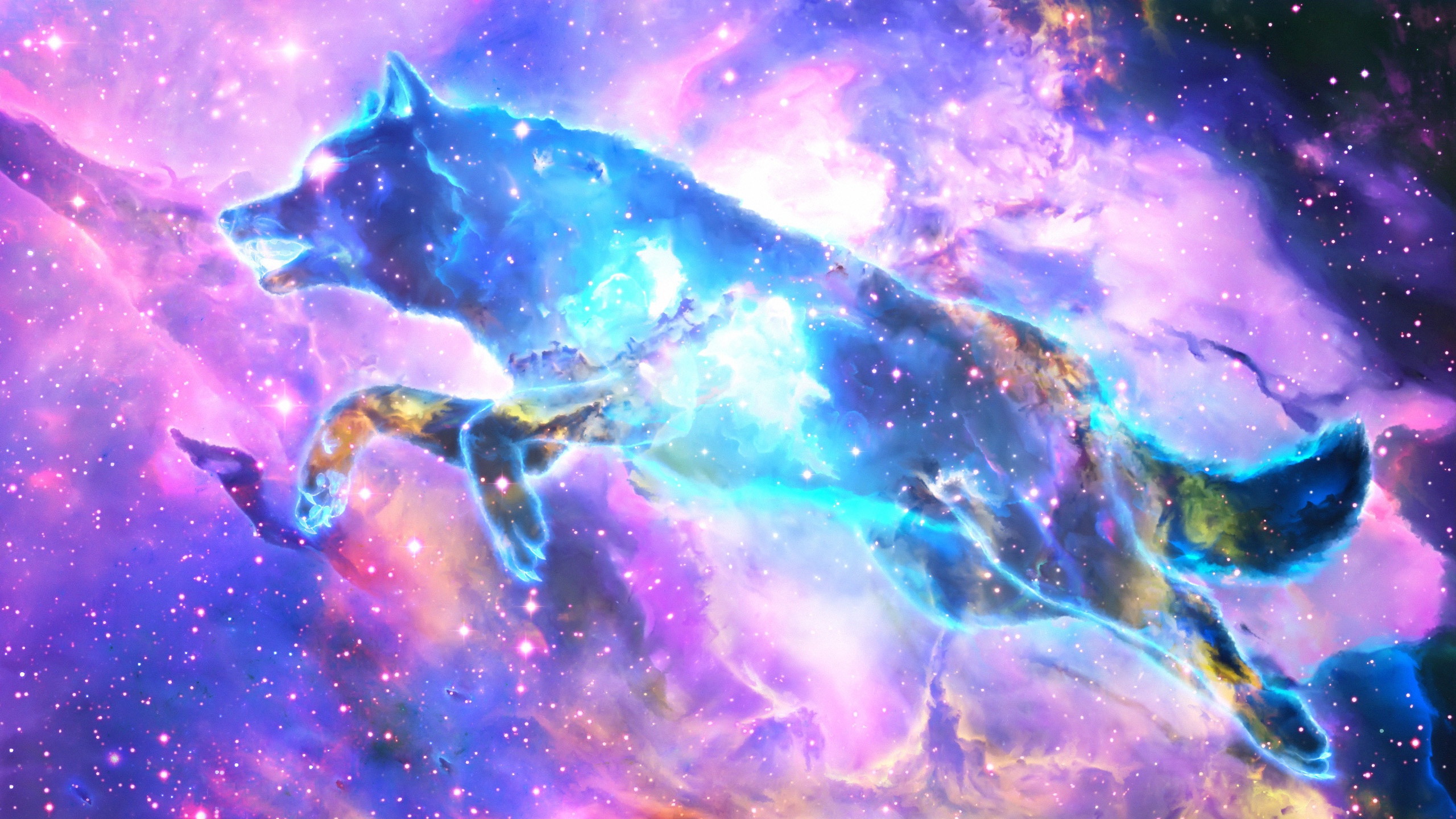 fantasy, wolf, nebula, space, spirit, stars, fantasy animals