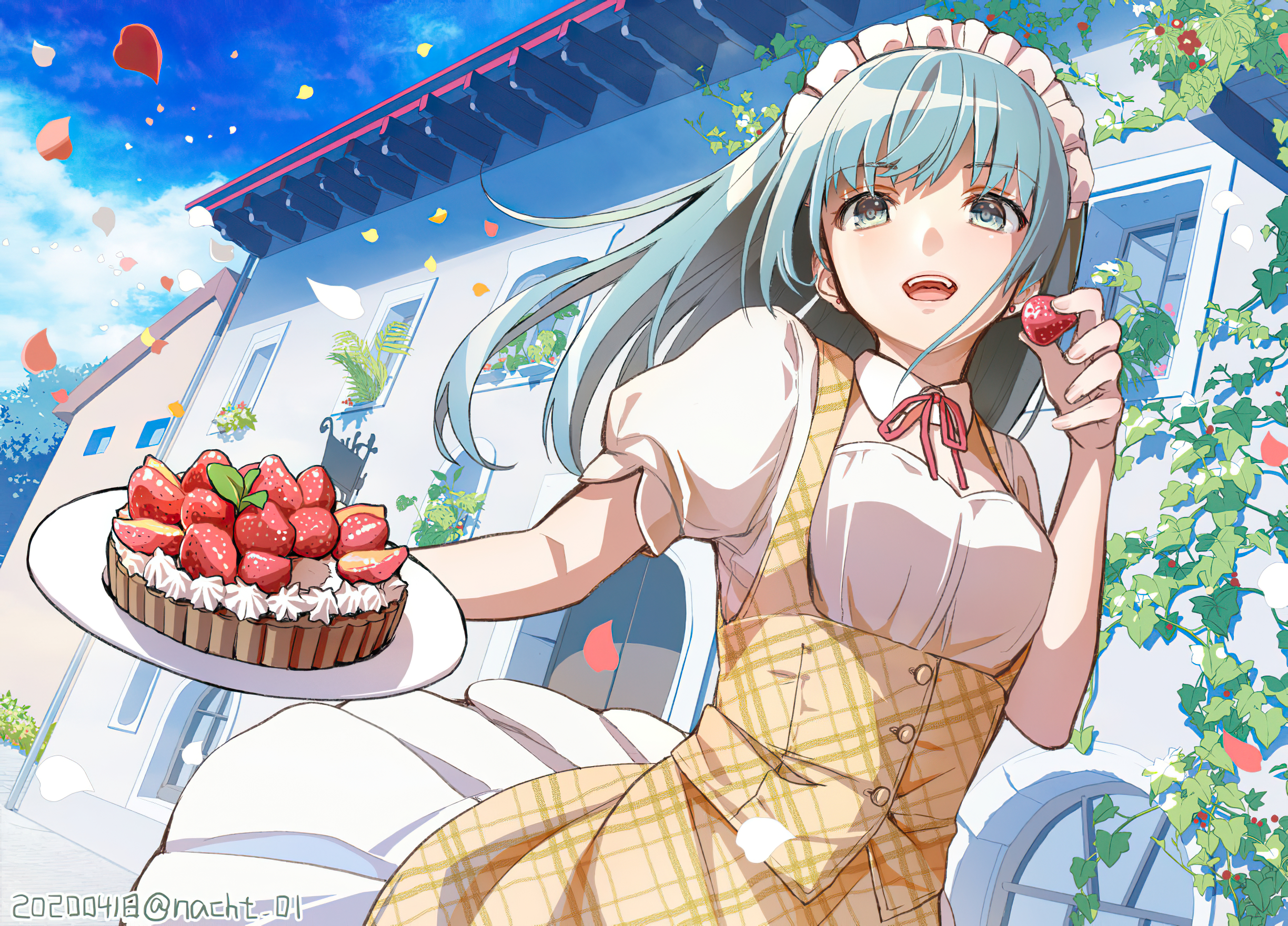 Download mobile wallpaper Anime, Strawberry, Cake, Blue Eyes, Original, Blue Hair, Long Hair for free.