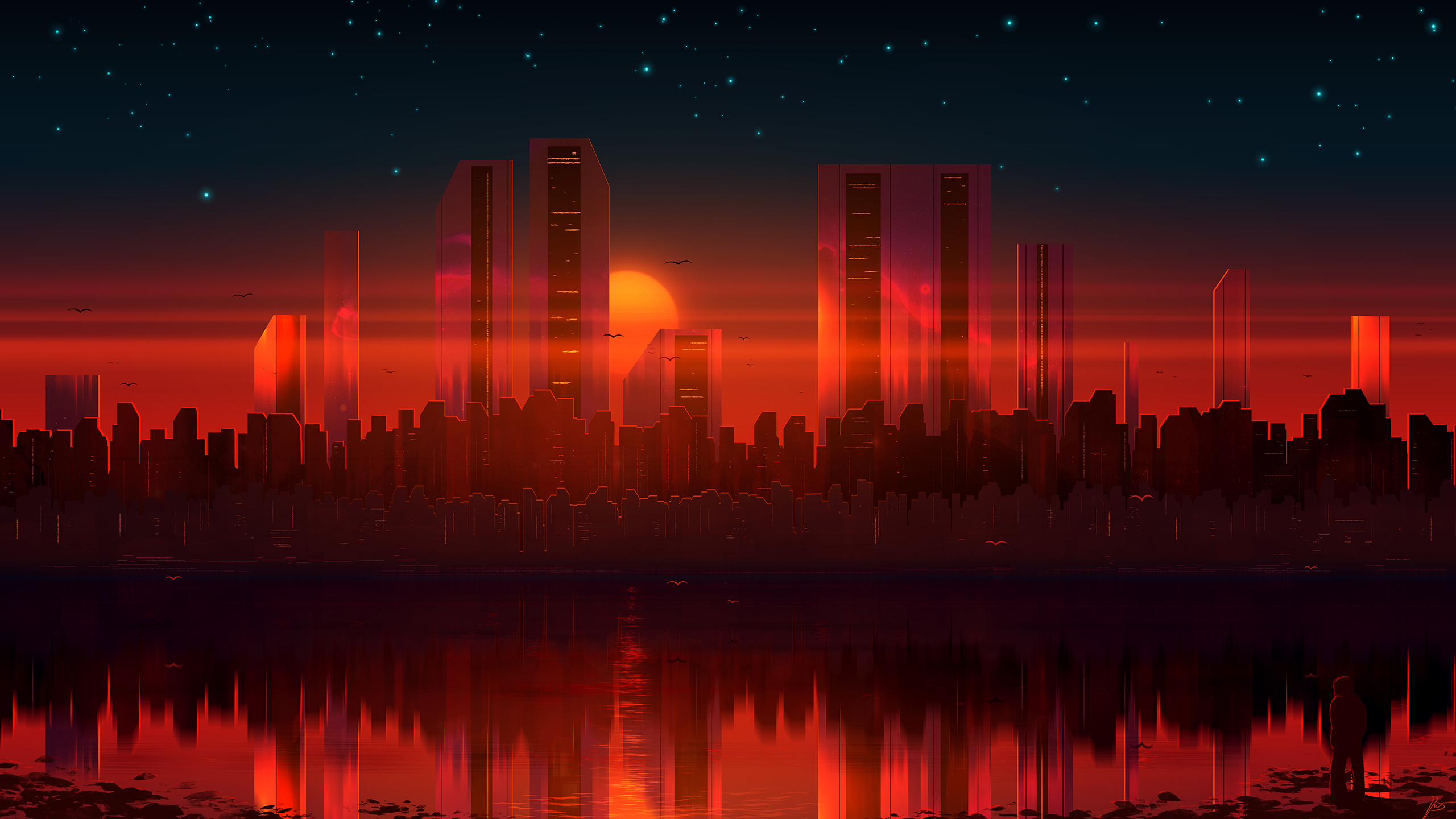 Download mobile wallpaper Sunset, City, Reflection, Cityscape, Sci Fi for free.