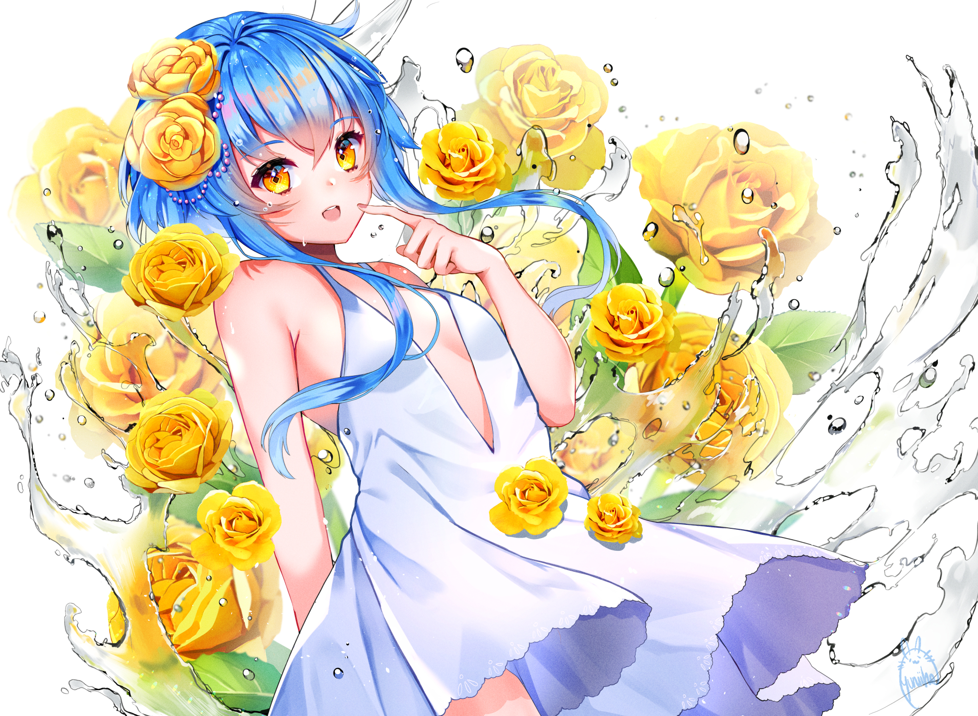 Download mobile wallpaper Anime, Yellow Eyes, Yellow Flower, Original, Blue Hair, Long Hair, White Dress for free.