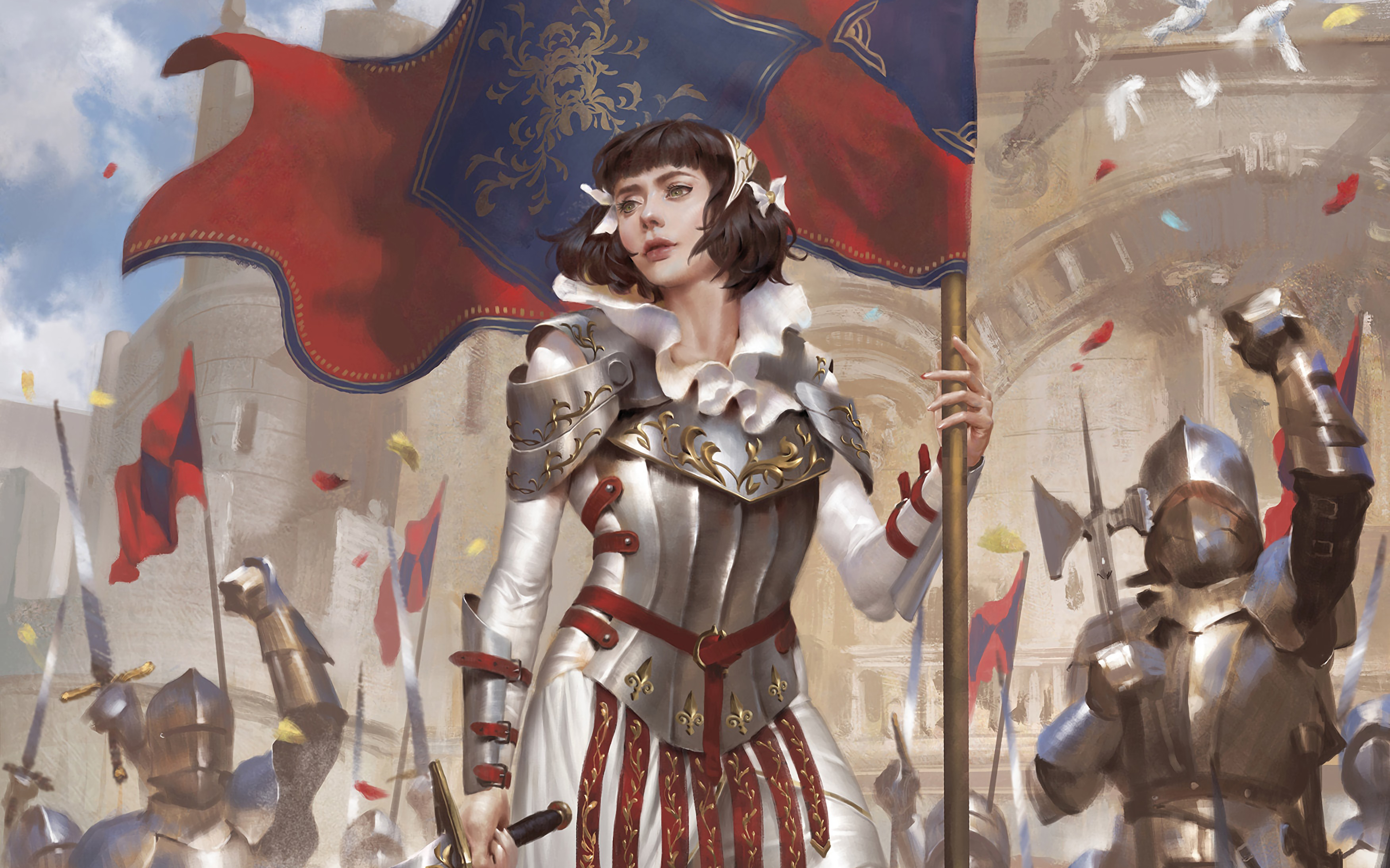 joan of arc, knight, fantasy, banner, brown hair, short hair, woman warrior