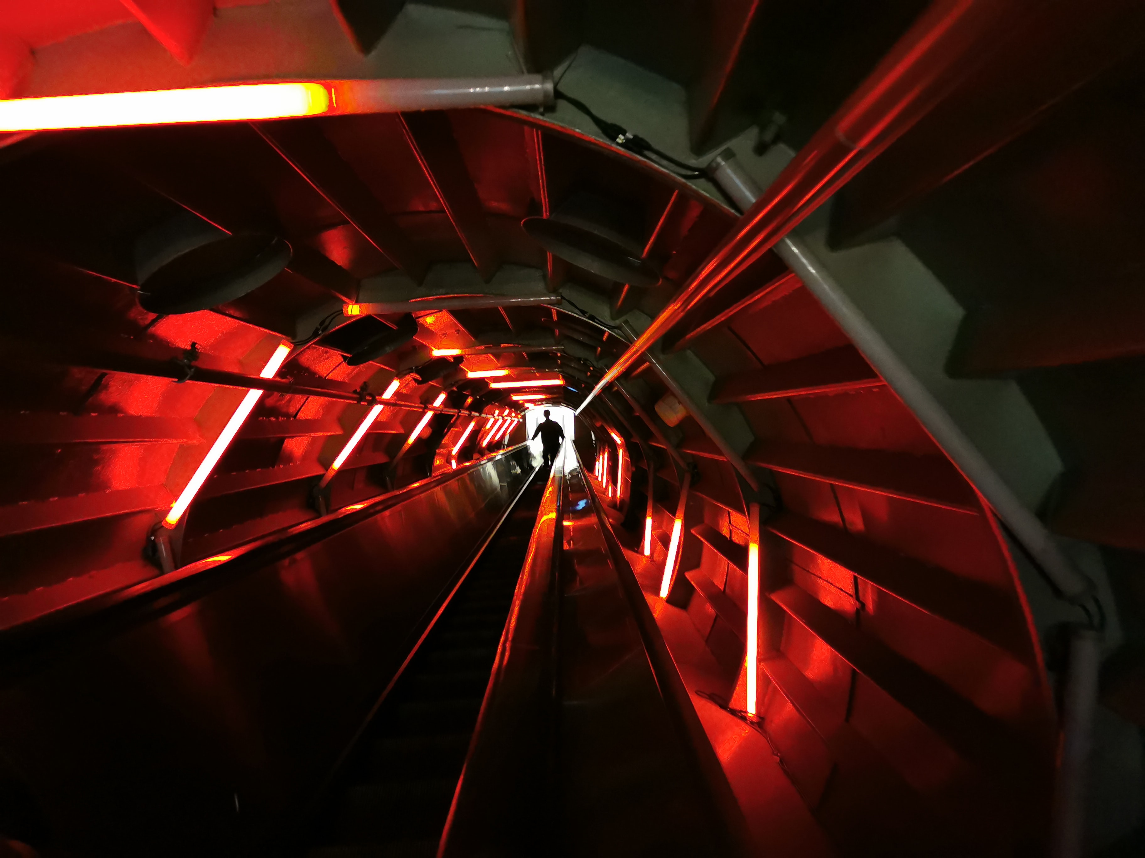 Download mobile wallpaper Tunnel, Person, Human, Silhouette, Dark, Neon, Sci Fi for free.