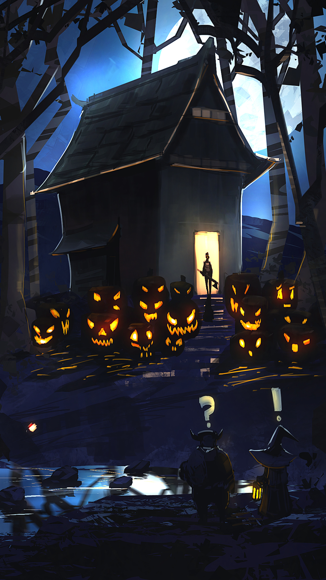 Download mobile wallpaper Halloween, Night, Forest, Tree, Holiday, House, Jack O' Lantern for free.