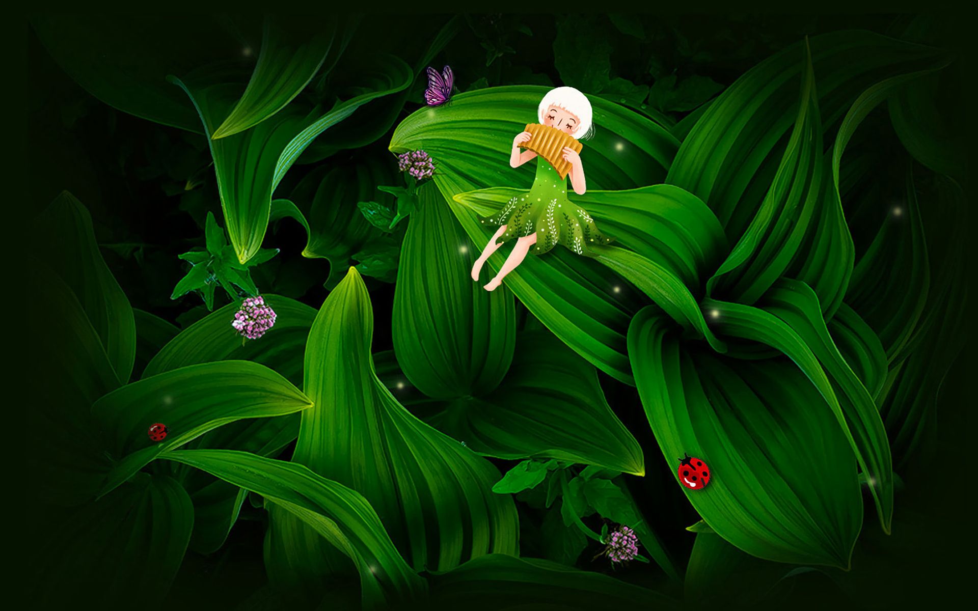 Download mobile wallpaper Fantasy, Flower, Leaf, Insect, Artistic, Fairy for free.