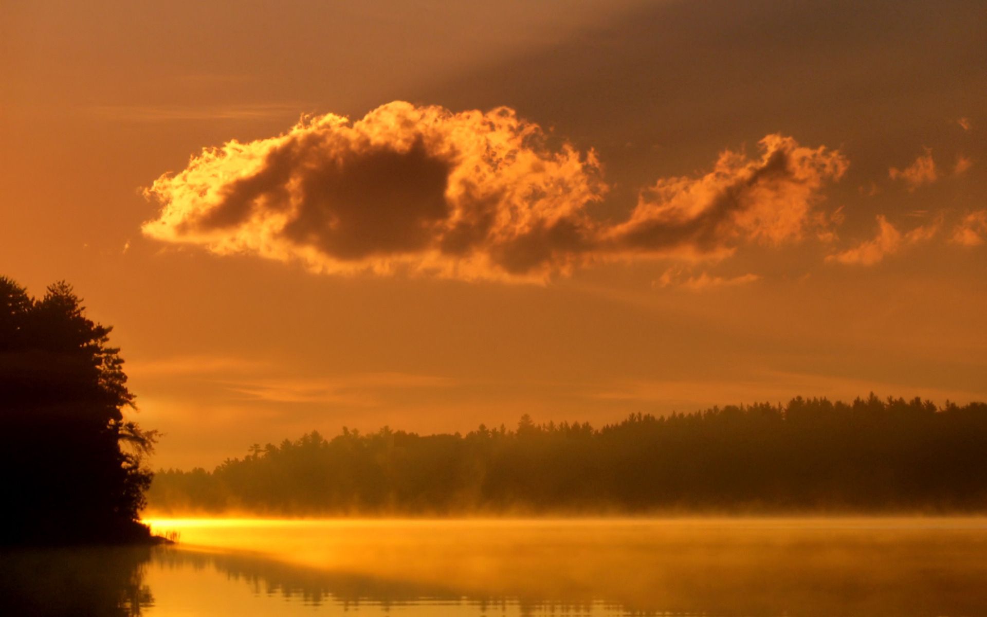 Скачать обои бесплатно Облака, Озеро, Туман, Деревья, Природа, Утро, Рассвет картинка на рабочий стол ПК