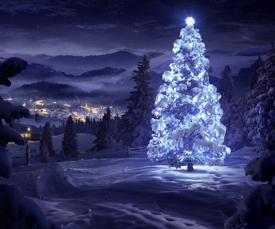 Скачать обои бесплатно Пейзаж, Зима, Снег, Рождество, Ландшафт, Рождественская Елка, Пурпурный, Праздничные картинка на рабочий стол ПК