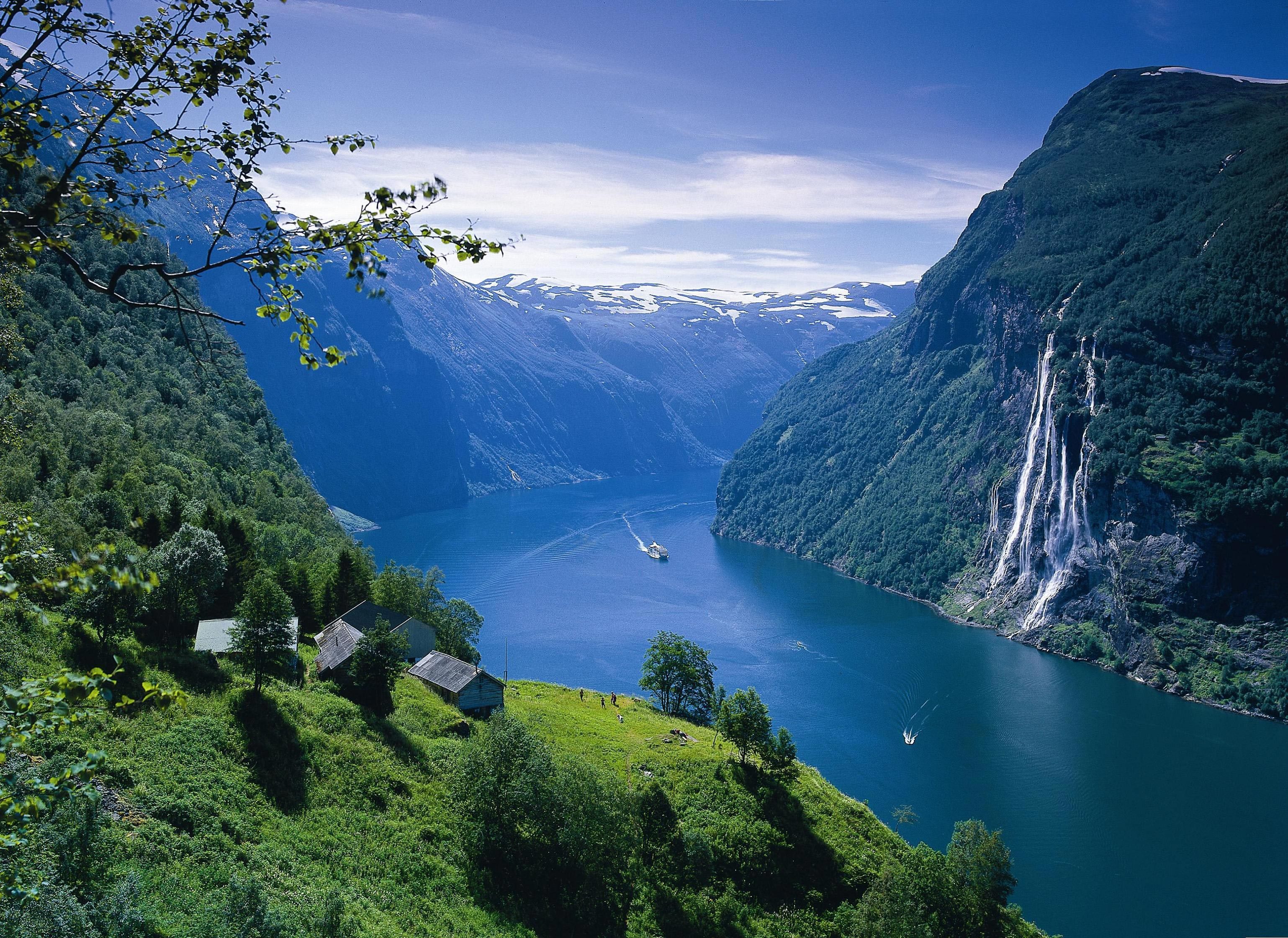 Download mobile wallpaper Mountain, Waterfall, Earth, Norway, River, Cruise Ship, Fjord for free.