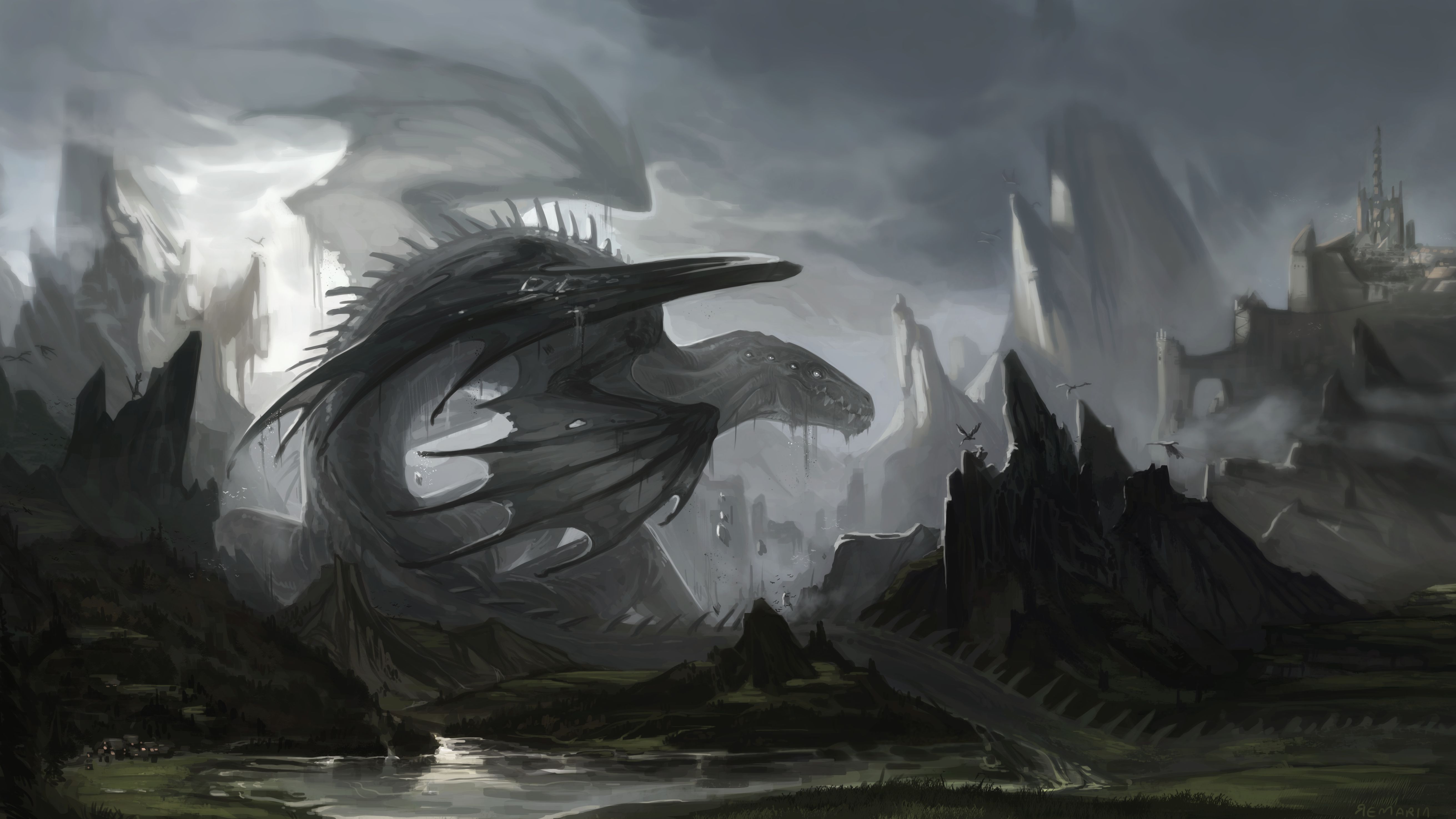 Free download wallpaper Landscape, Fantasy, Wings, Creature, Castle on your PC desktop