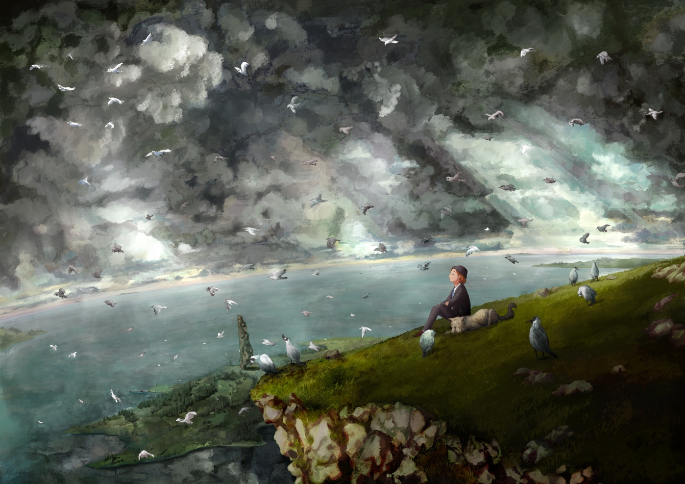 Download mobile wallpaper Anime, Landscape, Sea, Bird, Dog, Original for free.