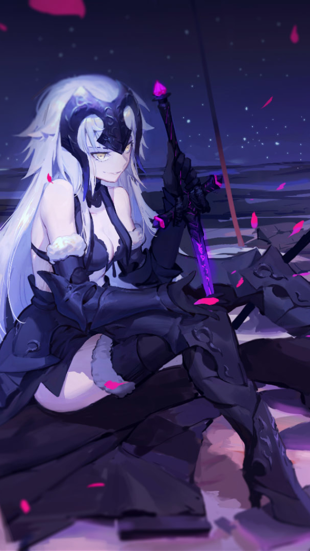 Handy-Wallpaper Lächeln, Kleid, Animes, Oberschenkel Höhen, Schwarzes Kleid, Fate/grand Order, Jeanne D’Arc Alter, Rächer (Schicksal/grand Order), Schicksalsserie kostenlos herunterladen.