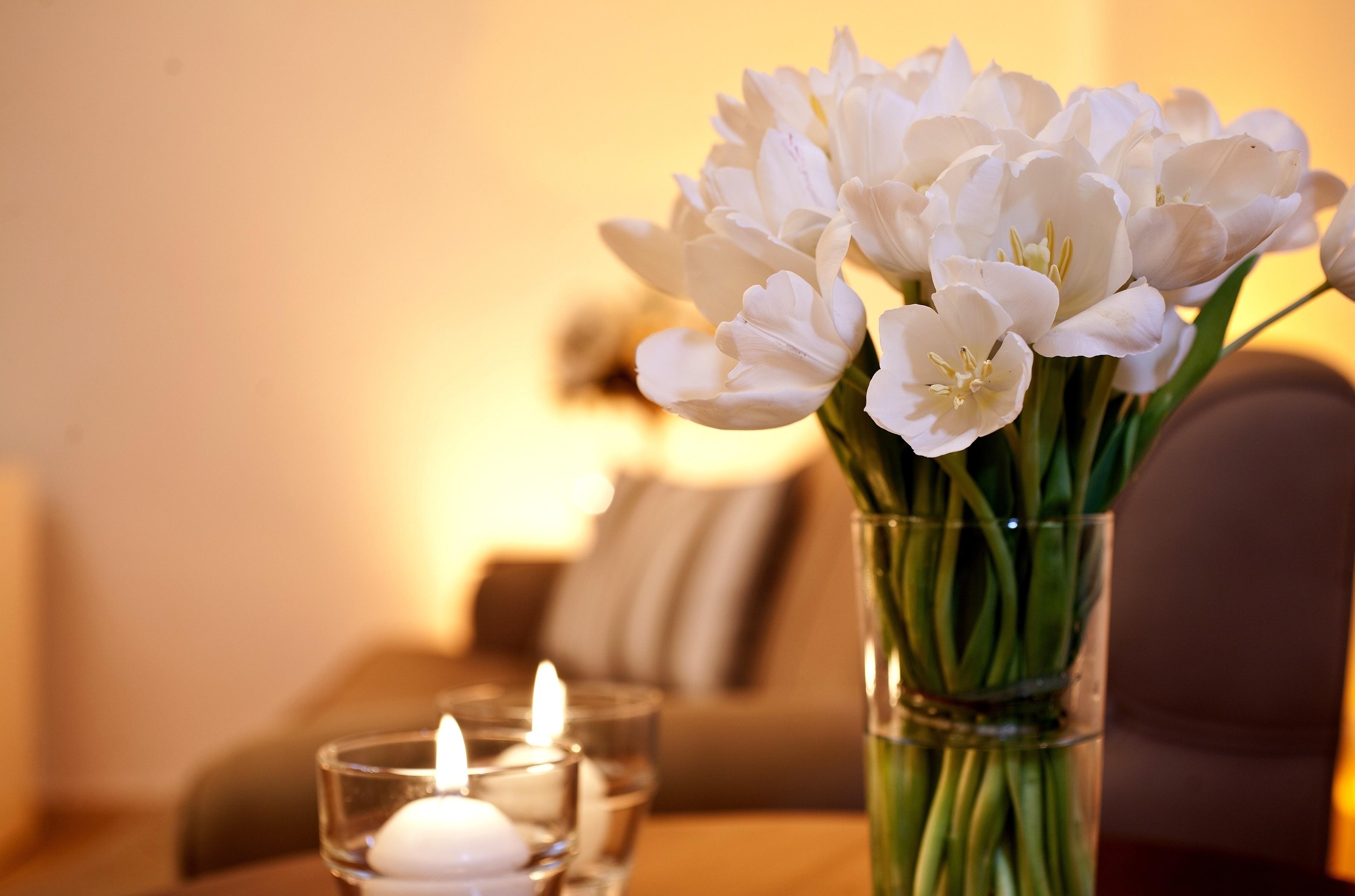 86115 скачать картинку цветы, ваза, тюльпаны, свечи, романтика, букет - обои и заставки бесплатно