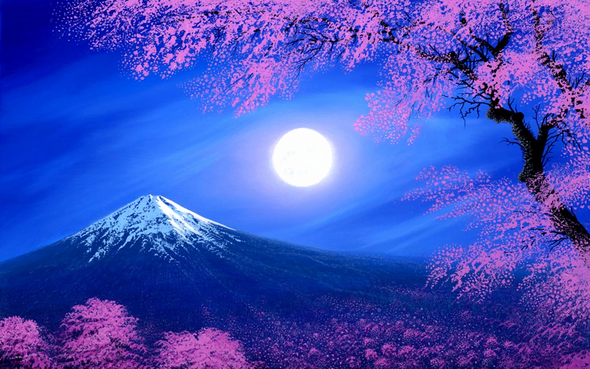 397196 Hintergrundbild herunterladen frühling, erde/natur, fujisan, kirschblüte, fantasie, mond, gebirge, baum, vulkane - Bildschirmschoner und Bilder kostenlos