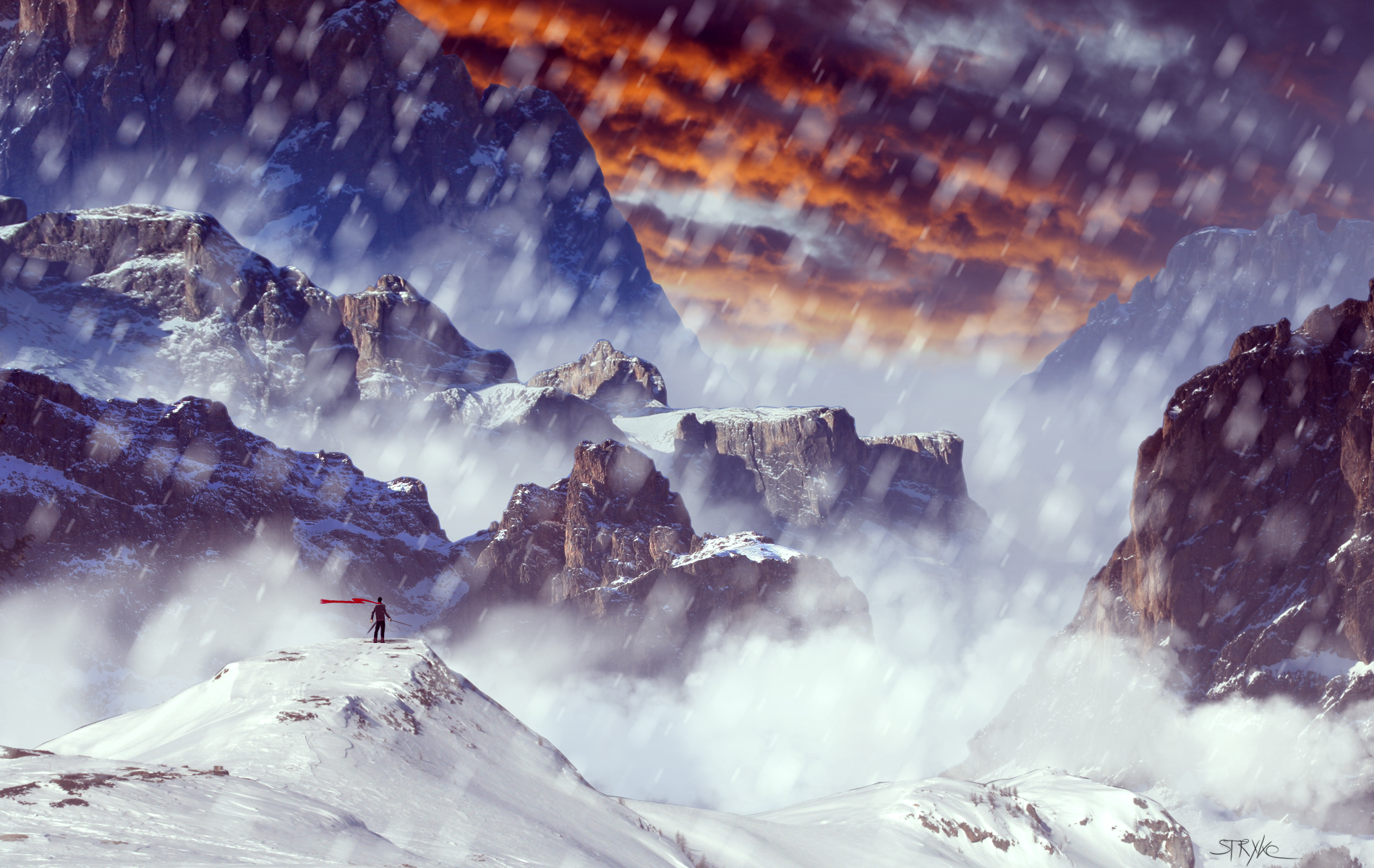 Laden Sie das Landschaft, Winter, Fantasie, Schnee, Gebirge, Krieger-Bild kostenlos auf Ihren PC-Desktop herunter