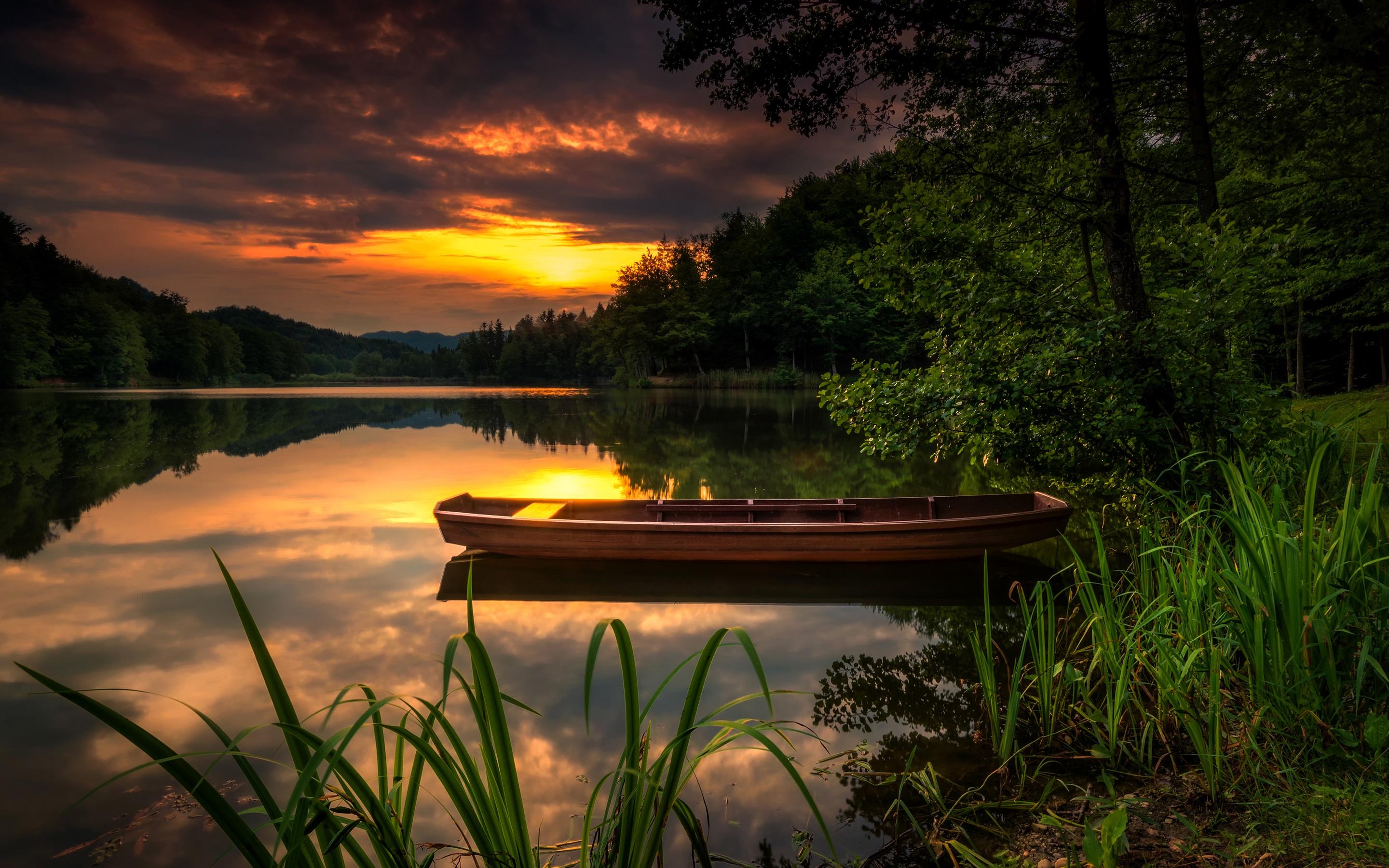 Free download wallpaper Sunset, Lake, Reflection, Boat, Vehicles on your PC desktop