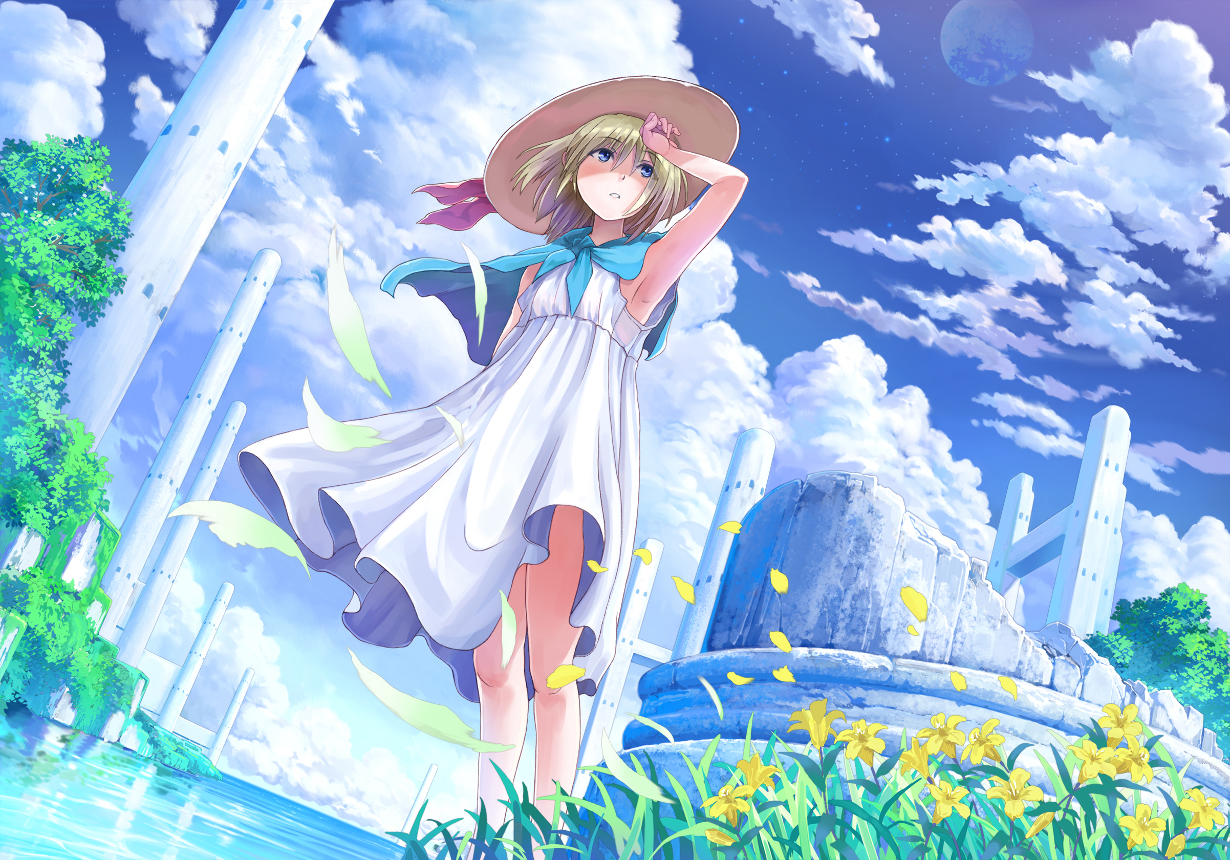 Free download wallpaper Anime, Sky, Flower, Cloud, Blonde, Hat, Blue Eyes, Original on your PC desktop