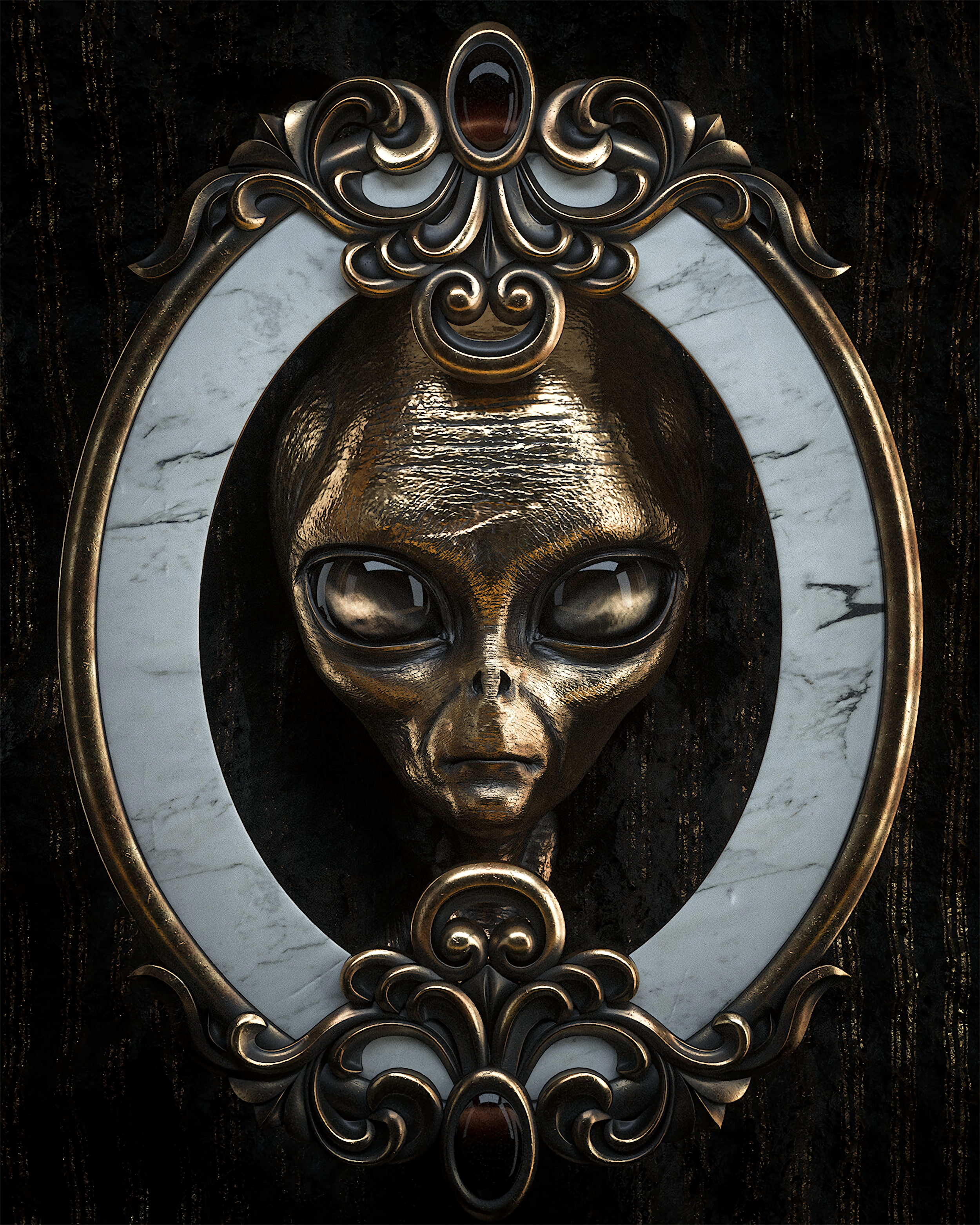 alien, 3d, metallic, stranger, metal, head, portrait