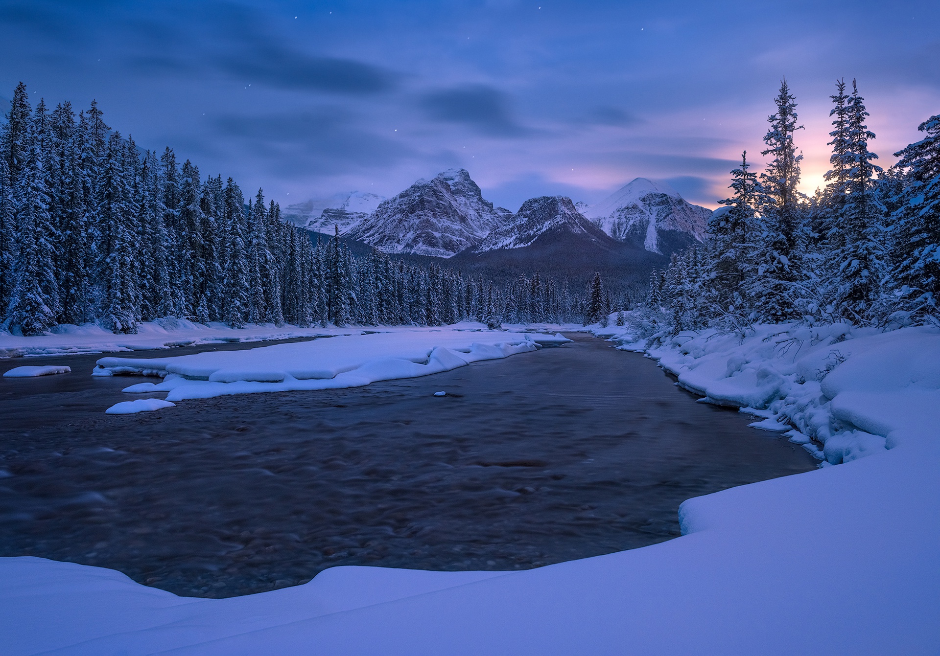 Download mobile wallpaper Winter, Snow, Mountain, Canada, Earth, River, Alberta, Canadian Rockies for free.