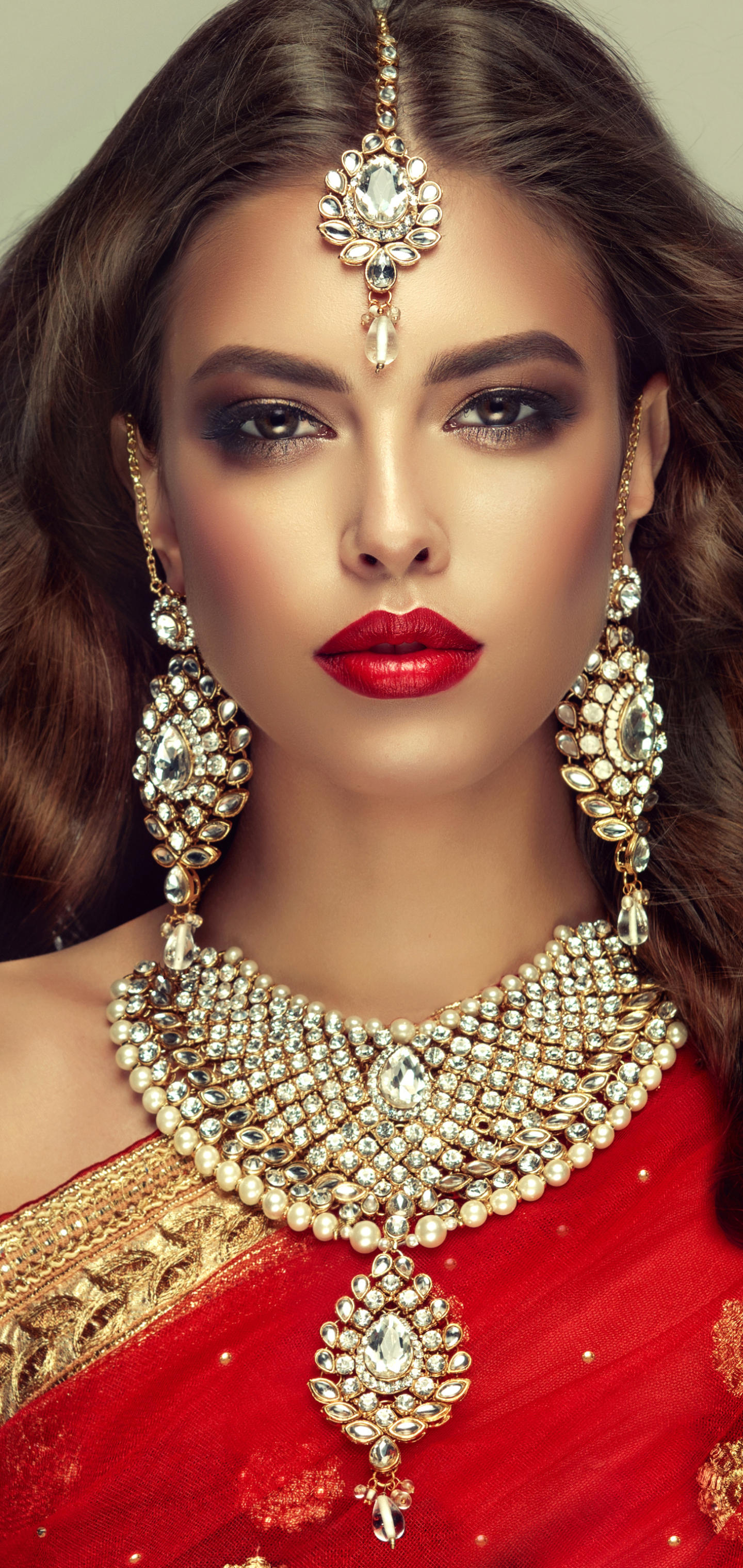 Download mobile wallpaper Jewelry, Brunette, Model, Women, Earrings, Necklace, Brown Eyes, Lipstick for free.