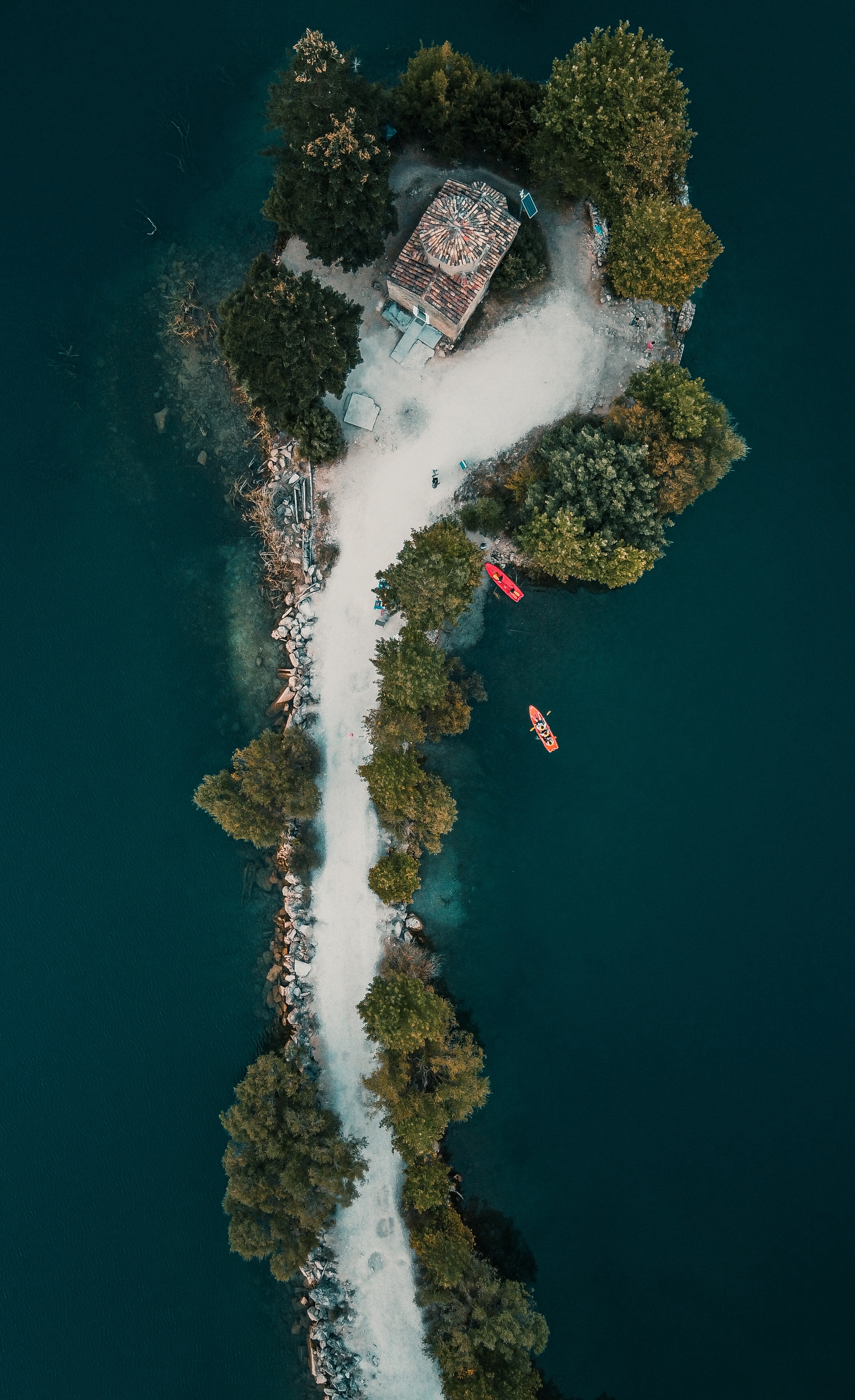 island, nature, trees, sea, building, view from above