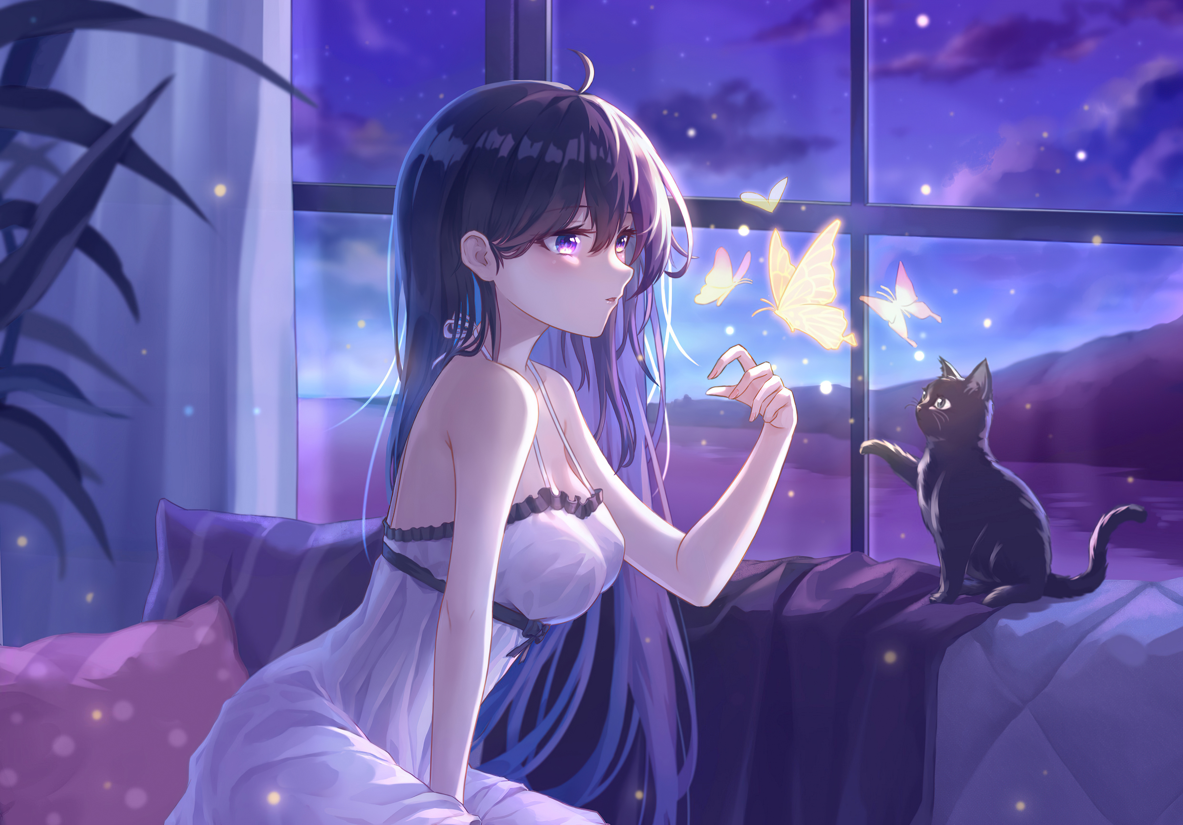 Laden Sie das Schmetterlinge, Mädchen, Katze, Animes-Bild kostenlos auf Ihren PC-Desktop herunter