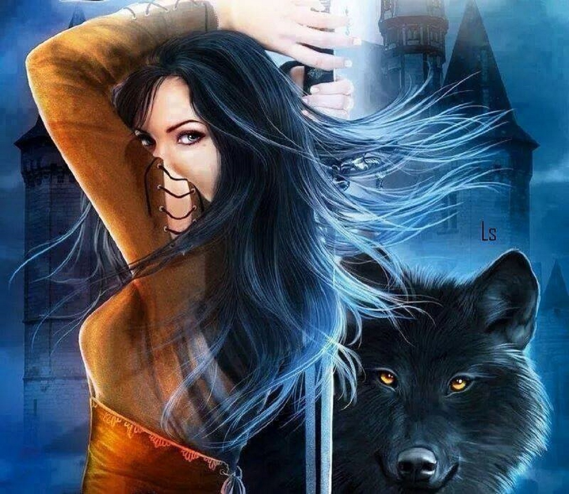 Download mobile wallpaper Fantasy, Wolf, Women for free.